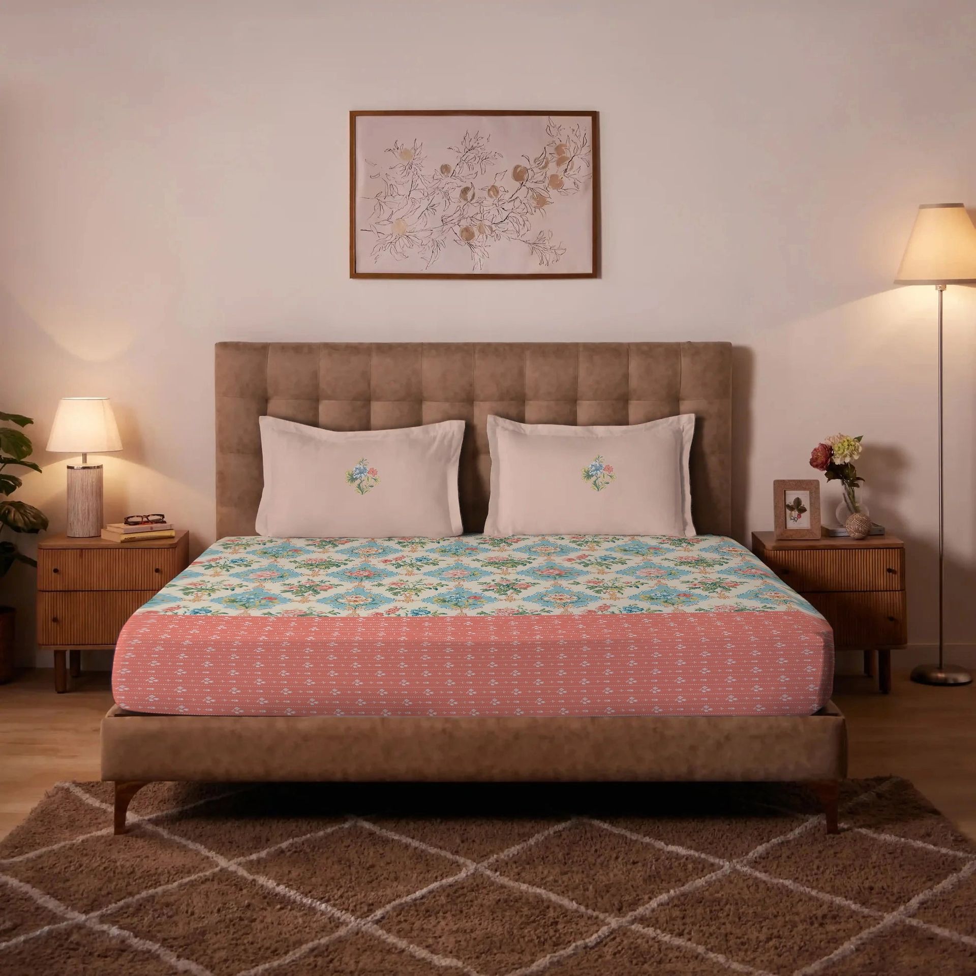 Floral 220 TC 100% Premium Cotton Flamingo Pink Super King Bedsheet Set | Udyan Tales