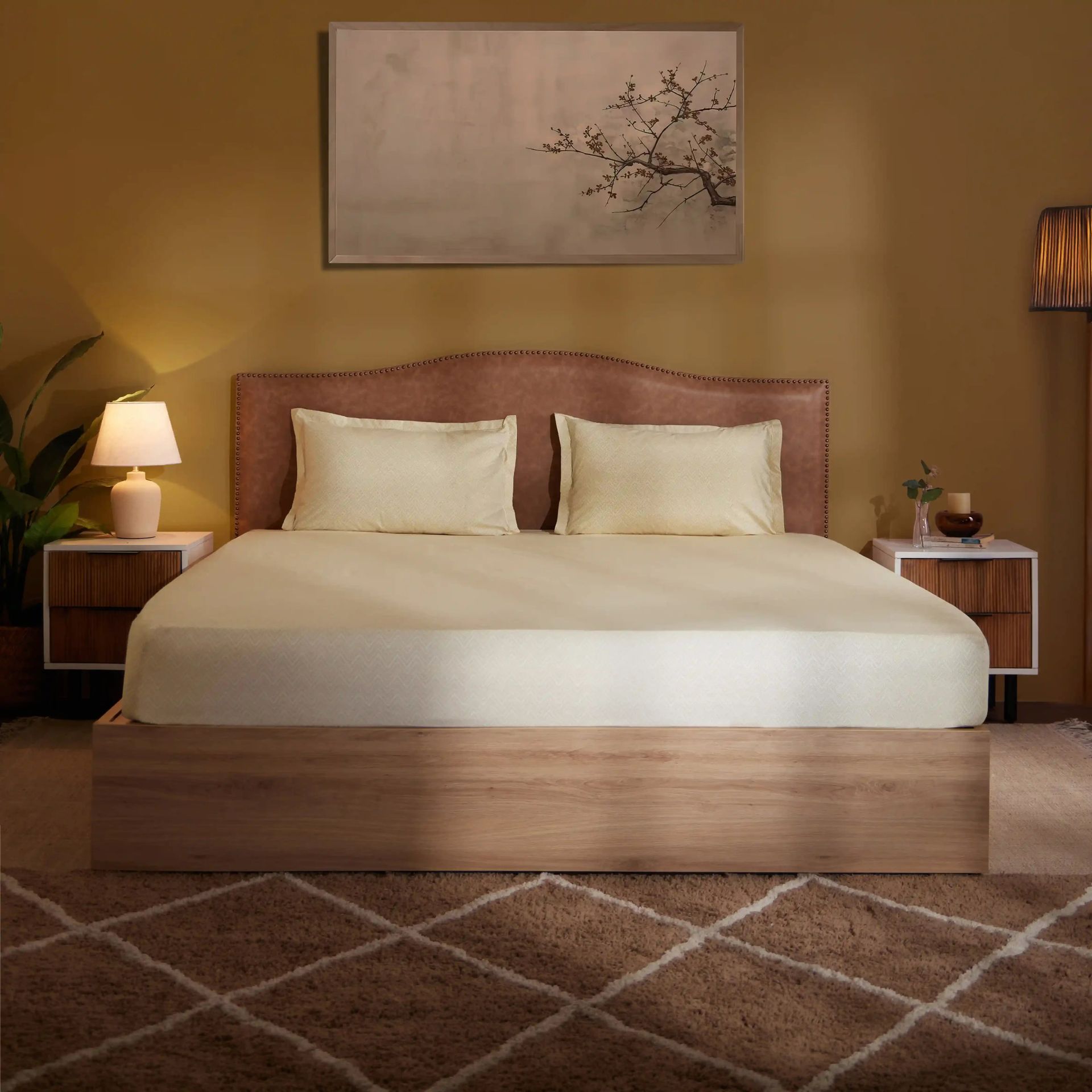 Geometric 200 TC 100% Cotton Beige King Fitted Sheet Set | Threadscapes
