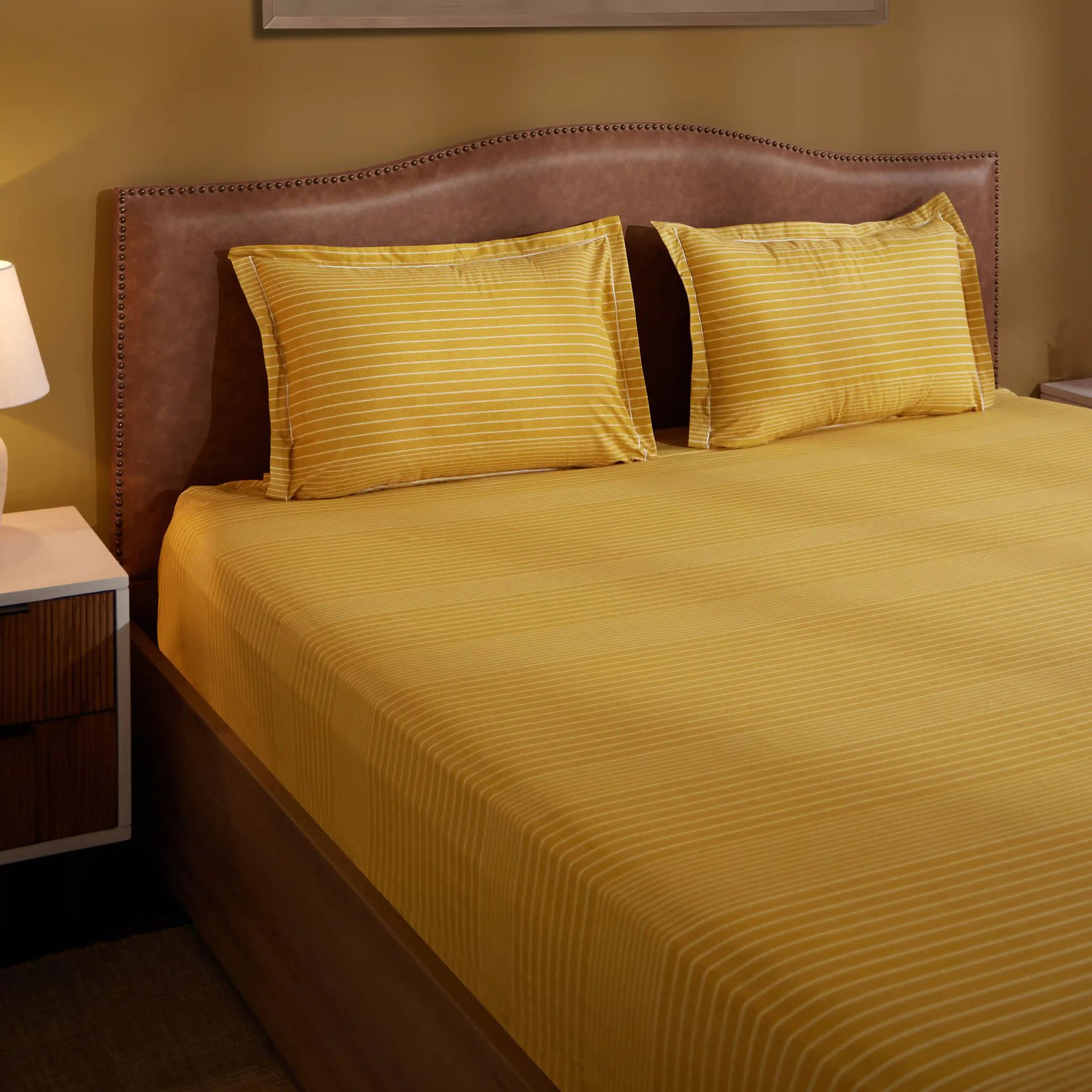 Geometric 200 TC Cotton Mustard King Fitted Sheet Set | Threadscapes
