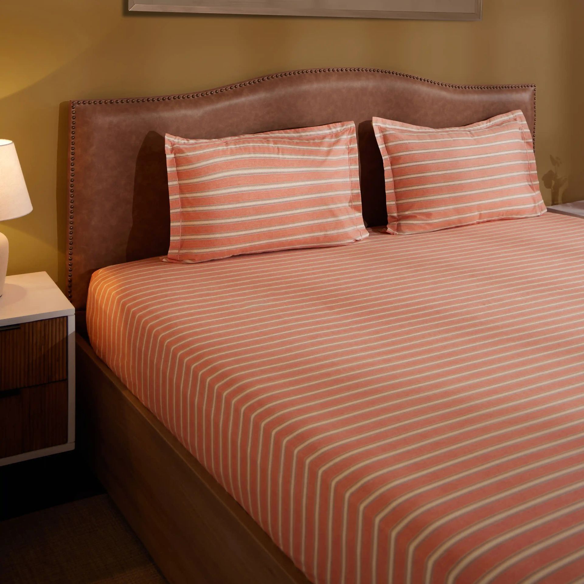 Geometric 200 TC Cotton Peach King Fitted Sheet Set | Threadscapes