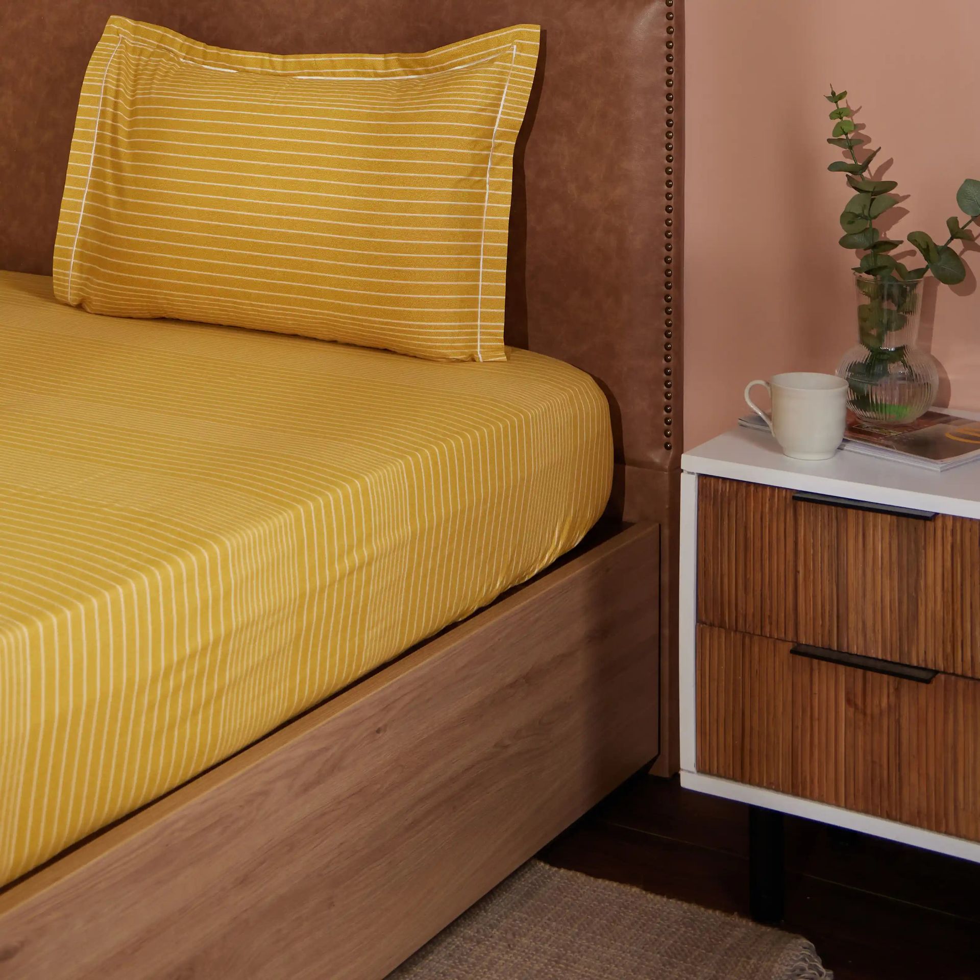 Geometric 200 TC Cotton Mustard Single Bedsheet Set | Threadscapes