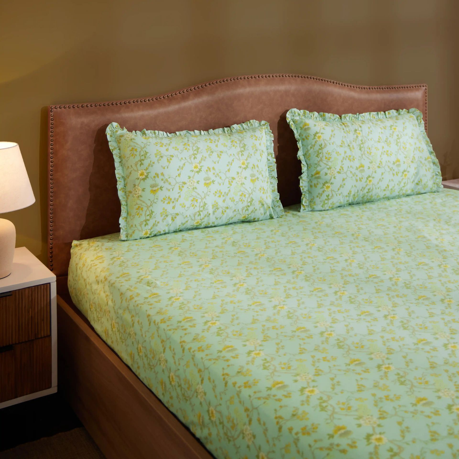 Floral 200 TC 100% Cotton Light Blue King Fitted Sheet Set | Bloomshire Luxe
