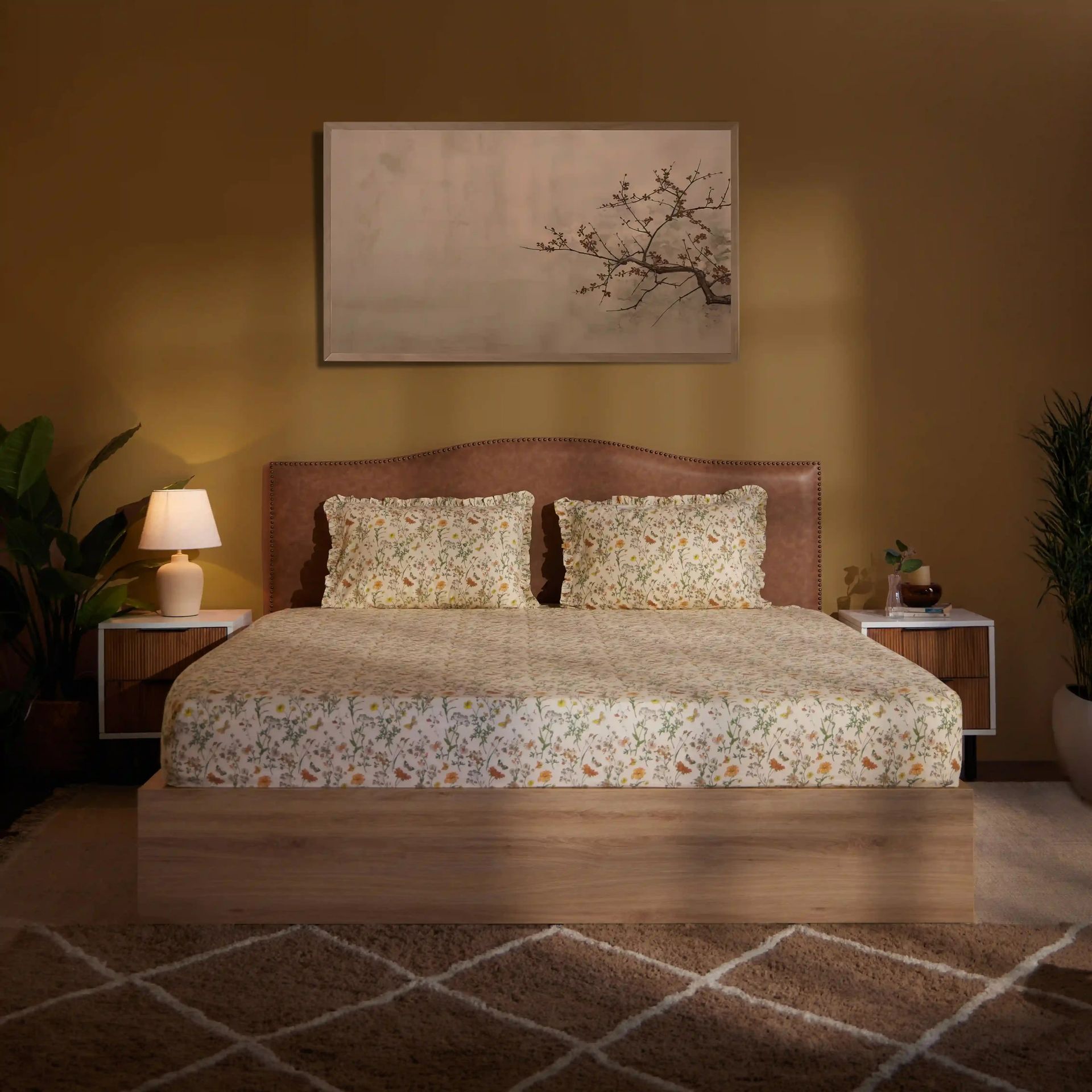 Floral 200 TC 100% Cotton Mustard King Fitted Sheet Set | Bloomshire Luxe