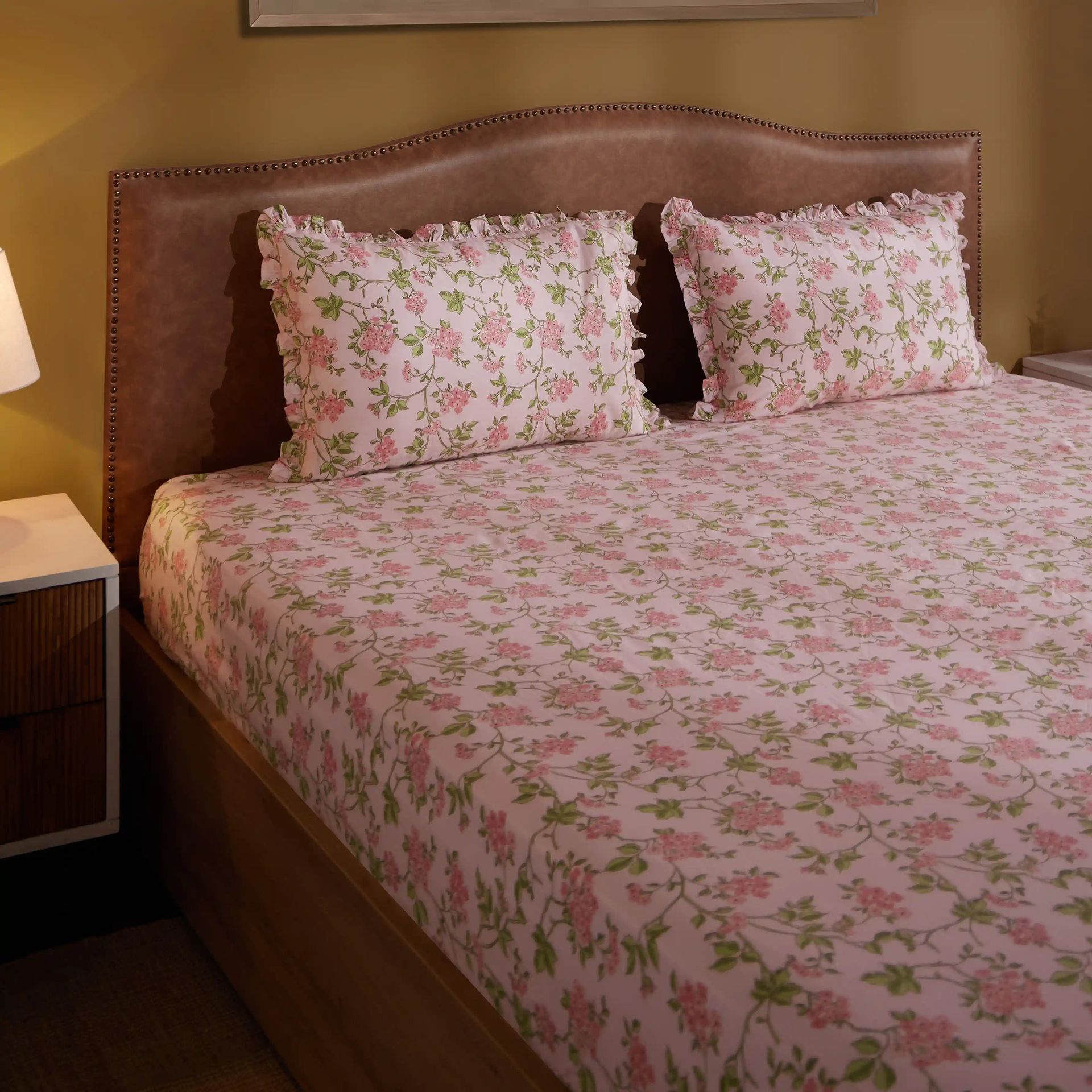 Floral 200 TC 100% Cotton Pink King Fitted Sheet Set | Bloomshire Luxe