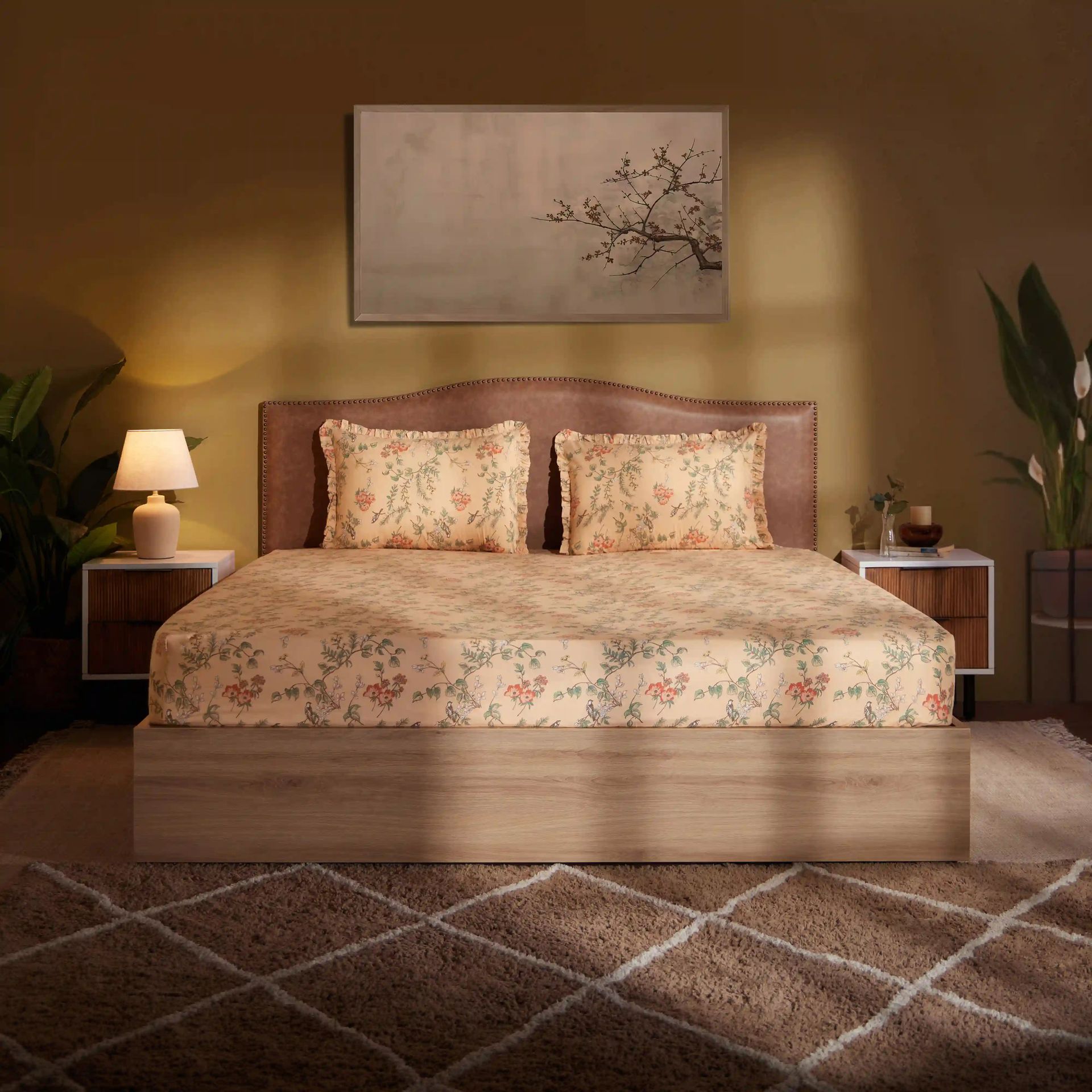 Floral 200 TC 100% Cotton Peach King Fitted Sheet Set | Bloomshire Luxe