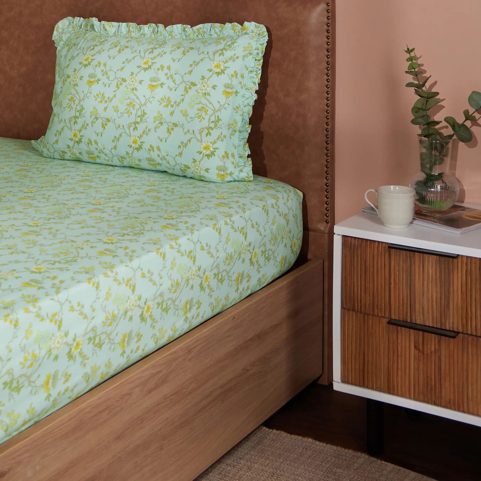 Floral 200 TC Cotton Light Blue Double Bedsheet Set | Bloomshire Luxe