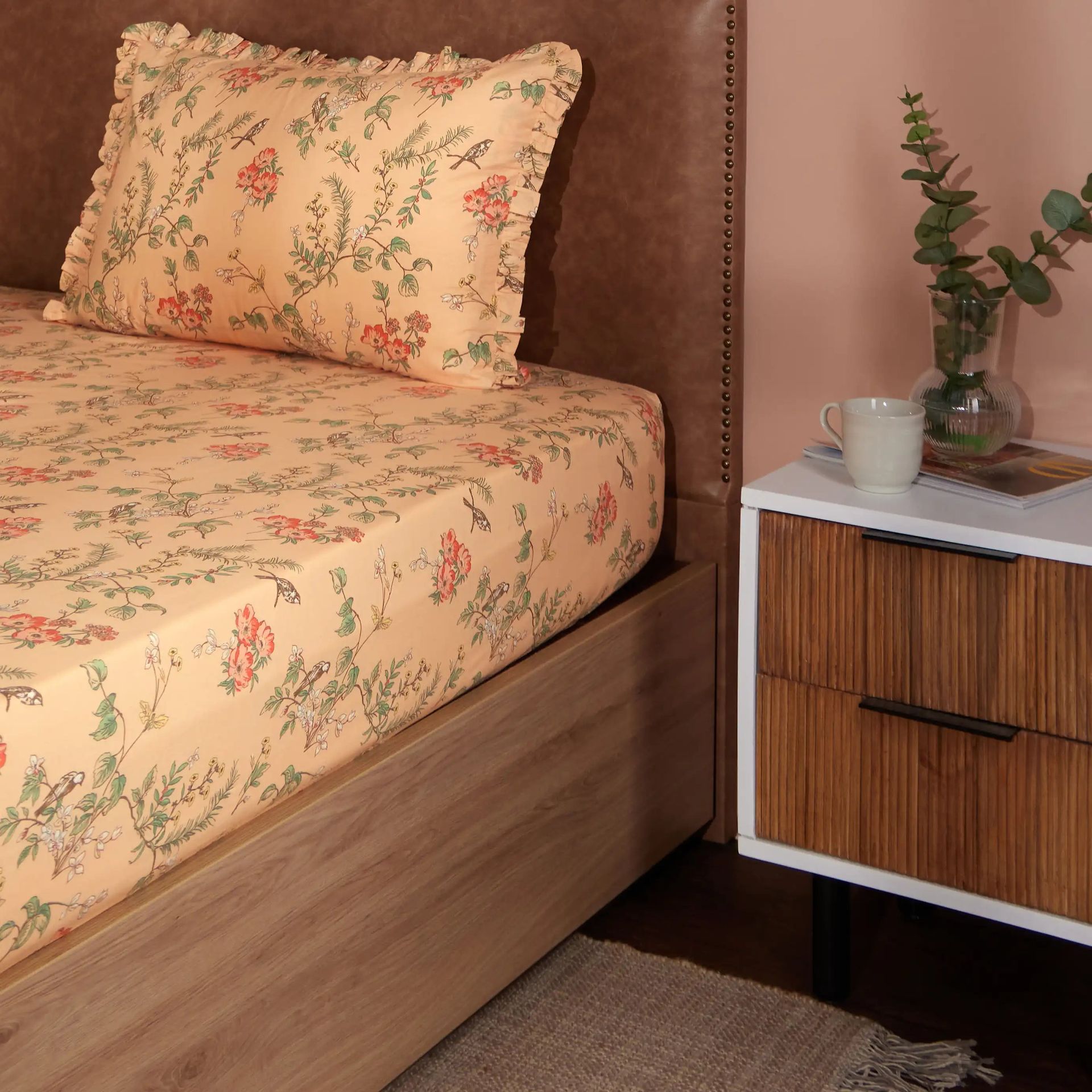 Floral 200 TC Cotton Peach Single Bedsheet Set | Bloomshire Luxe