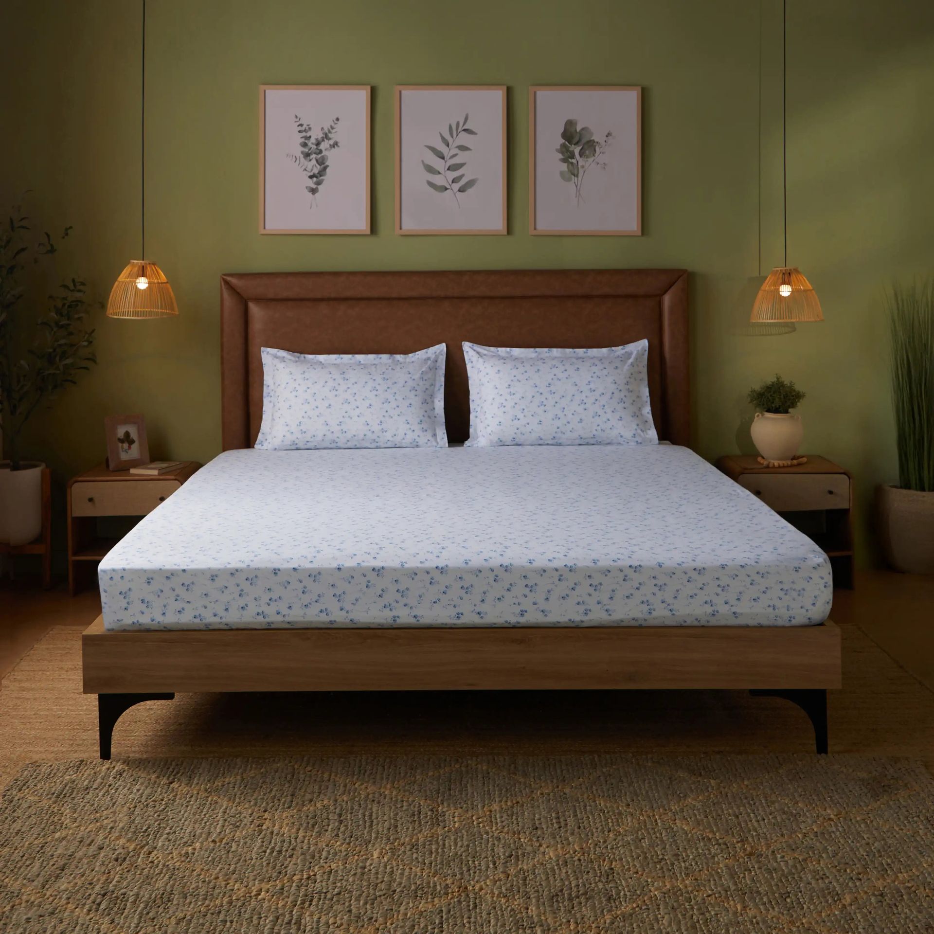 Floral 144 TC 100% Cotton Ocean Blue Queen Fitted Sheet Set | Bloomshire Classic