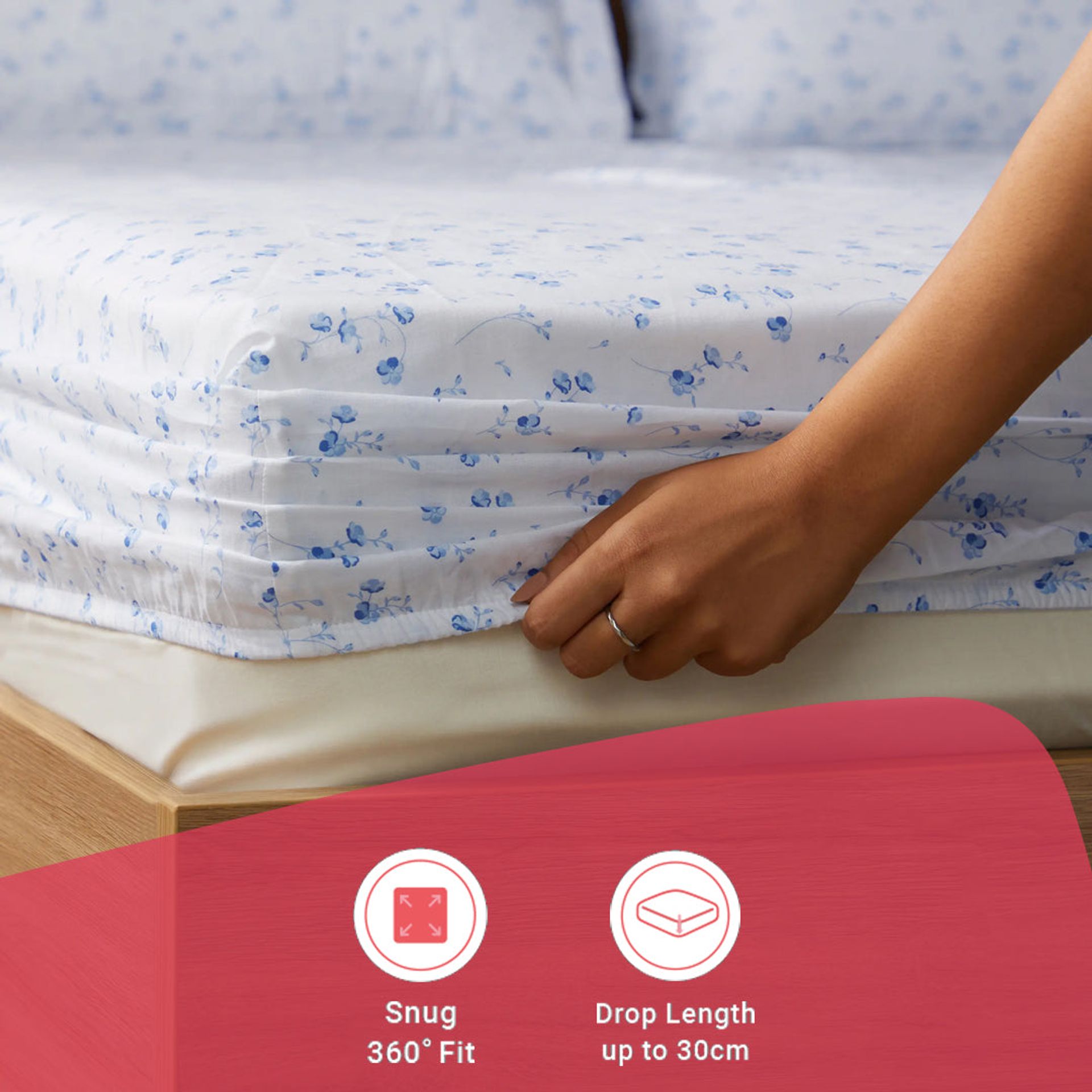 Floral 144 TC 100% Cotton Ocean Blue Queen Fitted Sheet Set | Bloomshire Classic