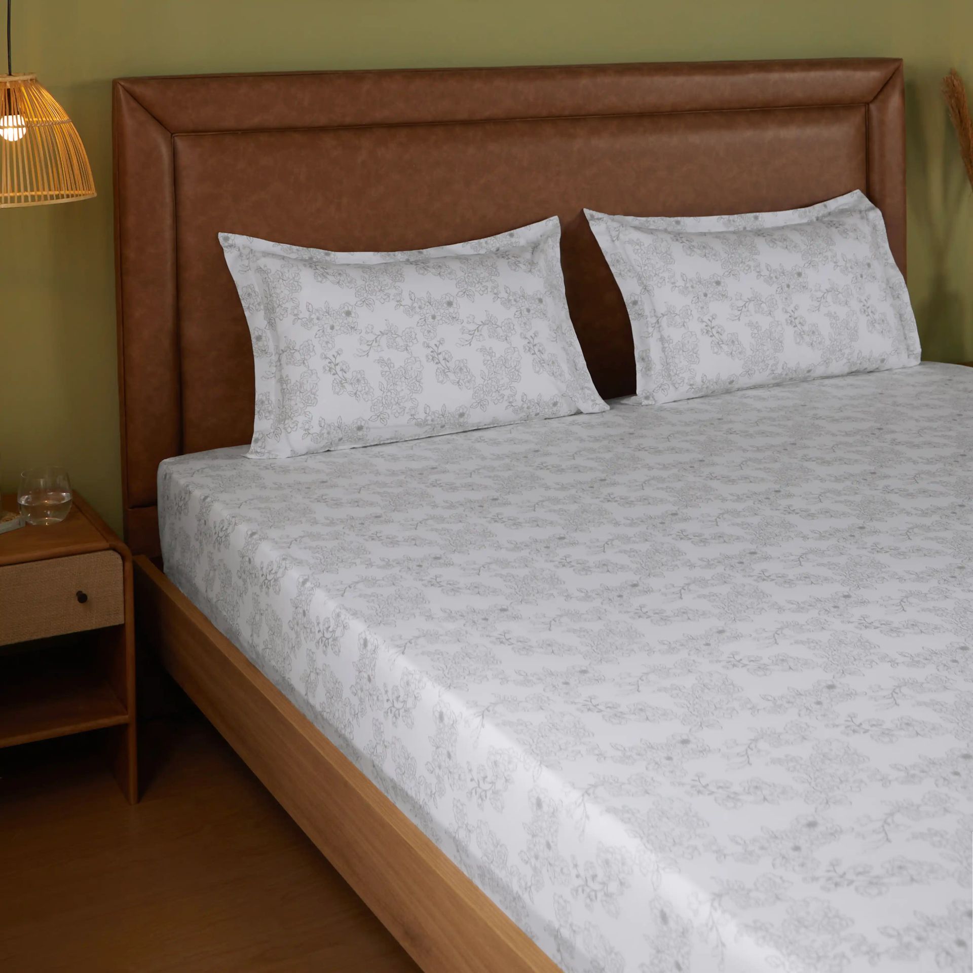 Floral 144 TC 100% Cotton Grey Queen Fitted Sheet Set | Bloomshire Classic