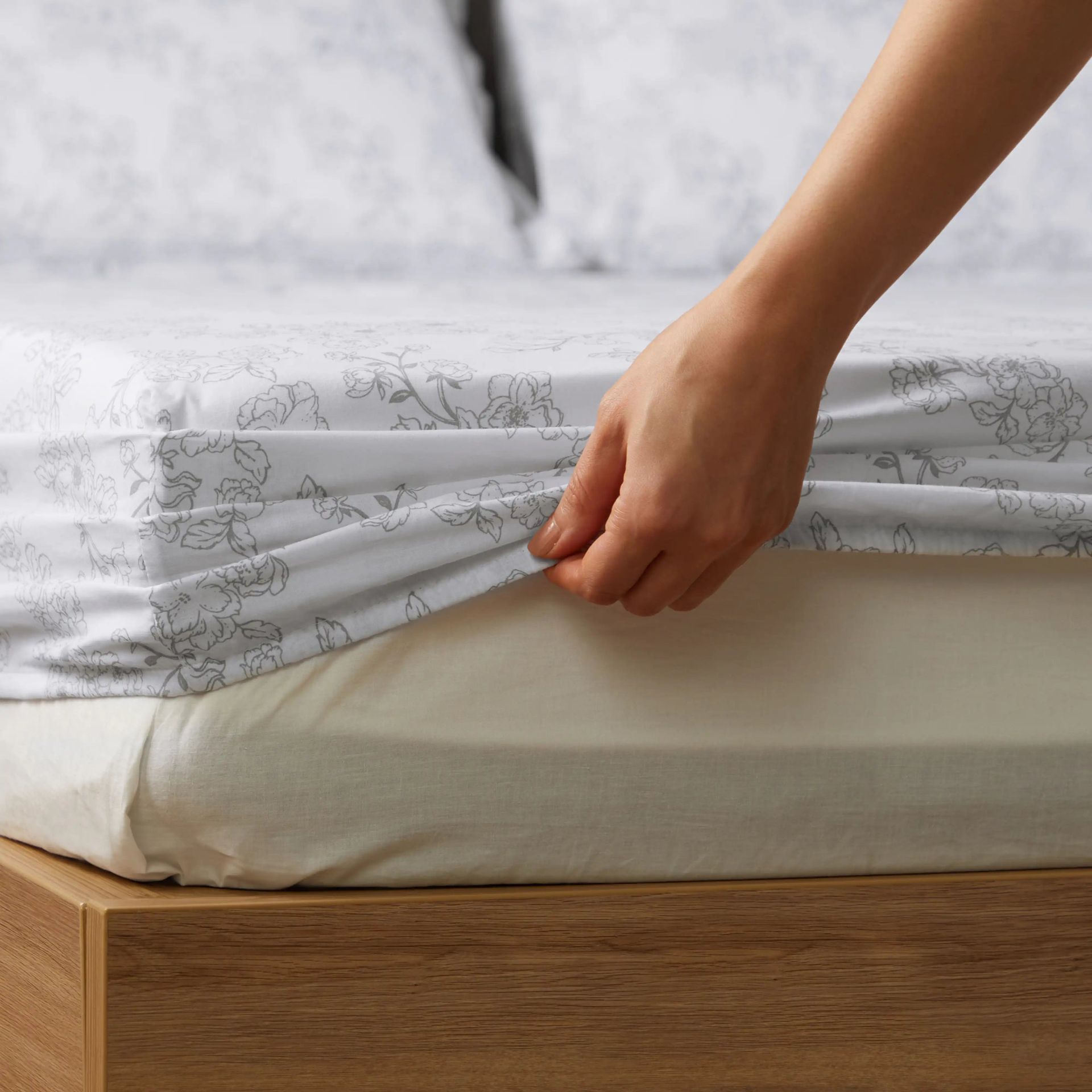 Floral 144 TC 100% Cotton Grey Queen Fitted Sheet Set | Bloomshire Classic