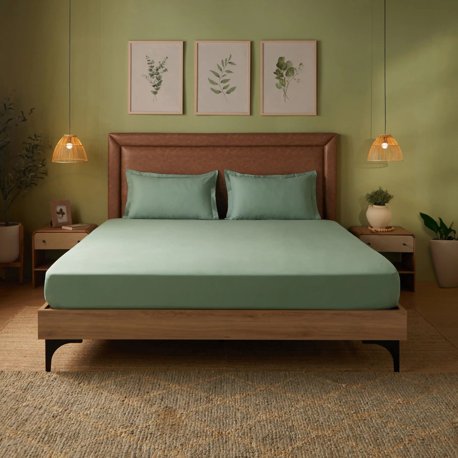 Solid Dyed 144 TC 100% Cotton Green Sage Queen Fitted Sheet Set | Paleto