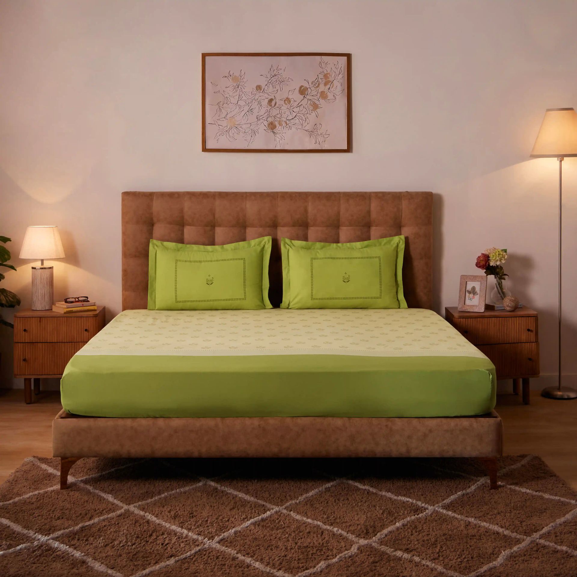 Indian Heritage 144 TC 100% Cotton Indian Moss Queen Fitted Sheet Set | Chippa Lane