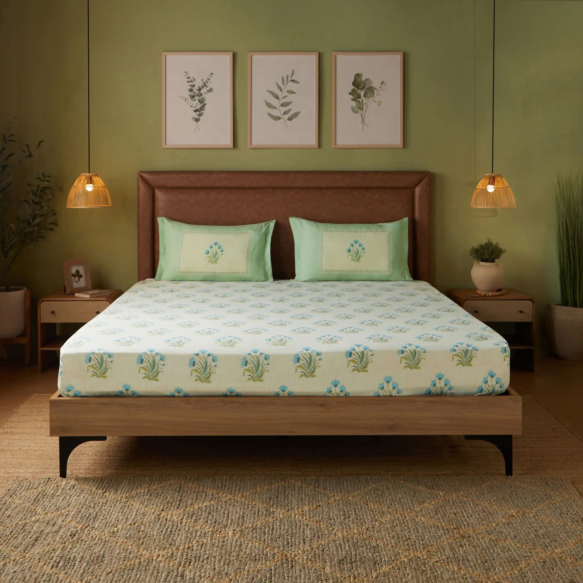 Indian Heritage 144 TC 100% Cotton Indian Sage Queen Fitted Sheet Set | Chippa Lane