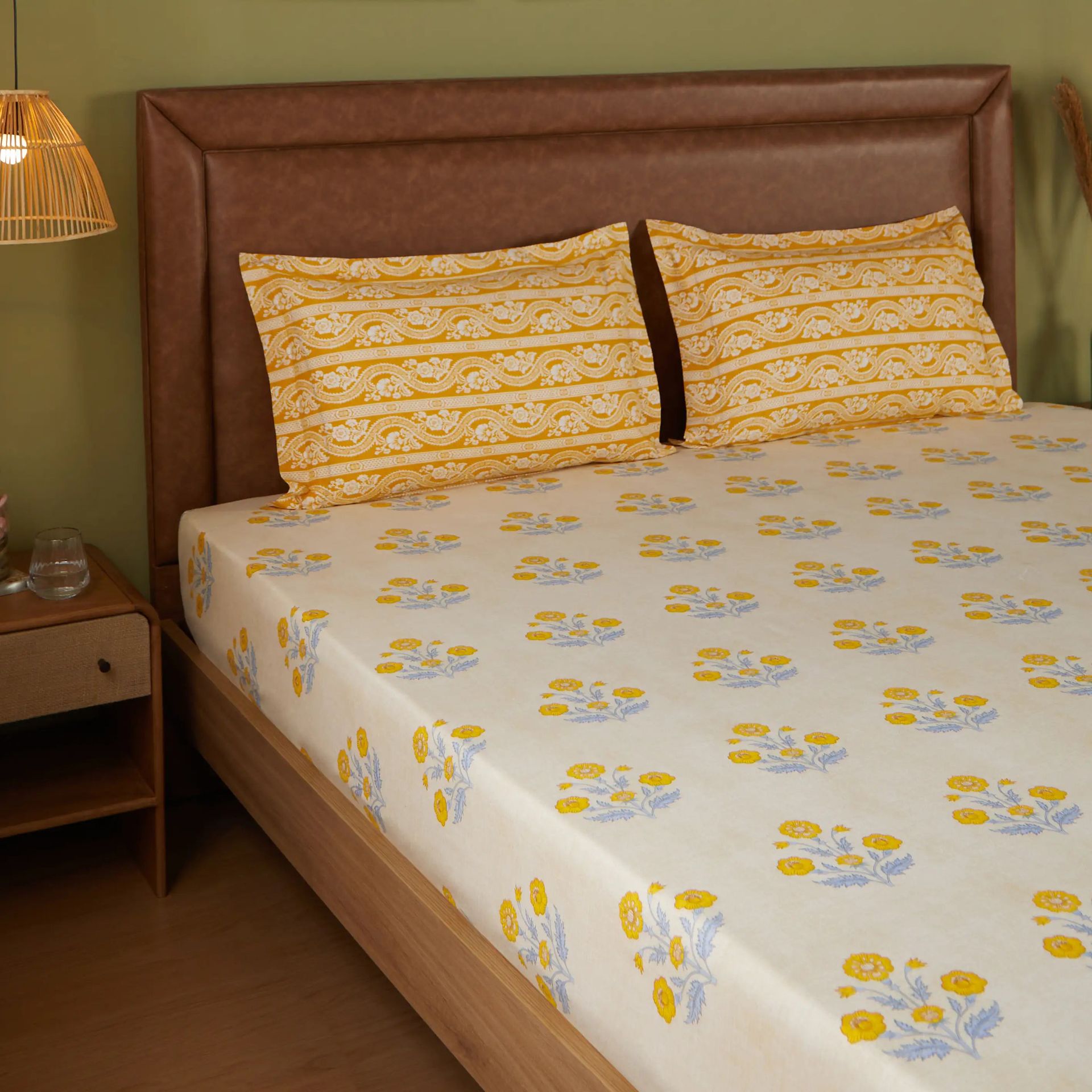 Indian Heritage 144 TC 100% Cotton Ochre Queen Fitted Sheet Set | Chippa Lane