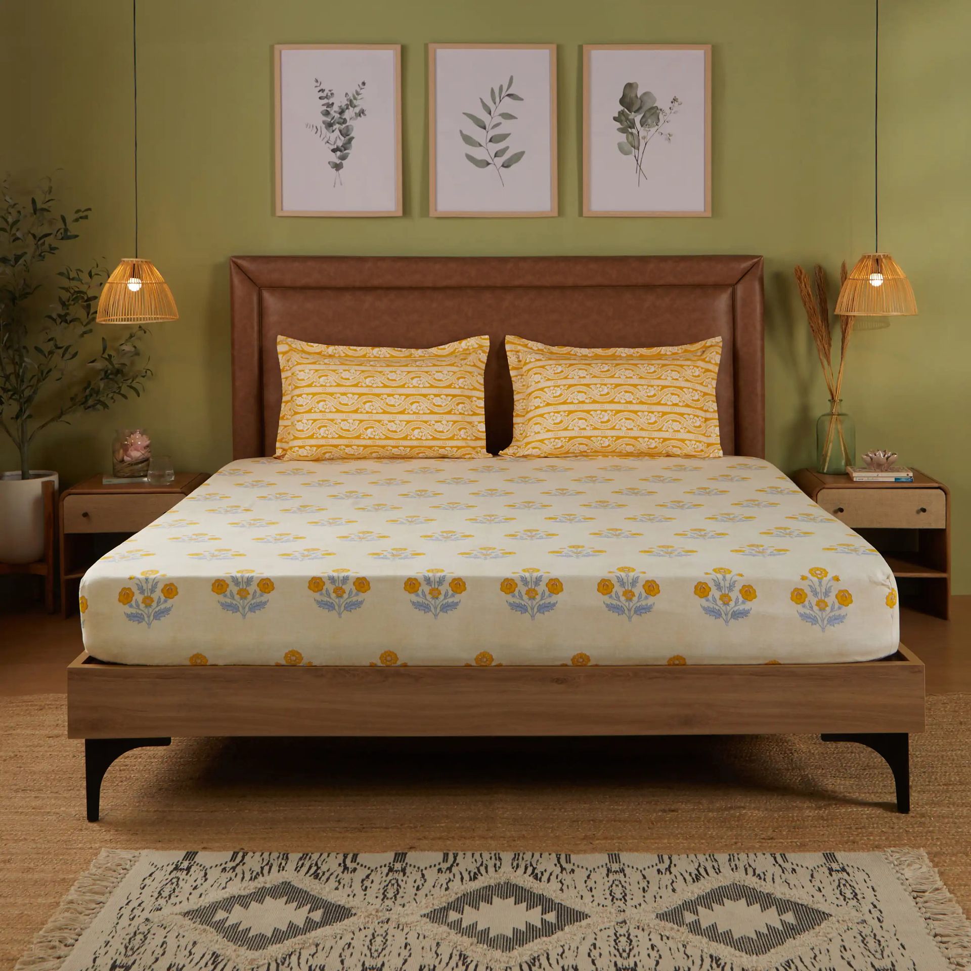 Indian Heritage 144 TC 100% Cotton Ochre Queen Fitted Sheet Set | Chippa Lane