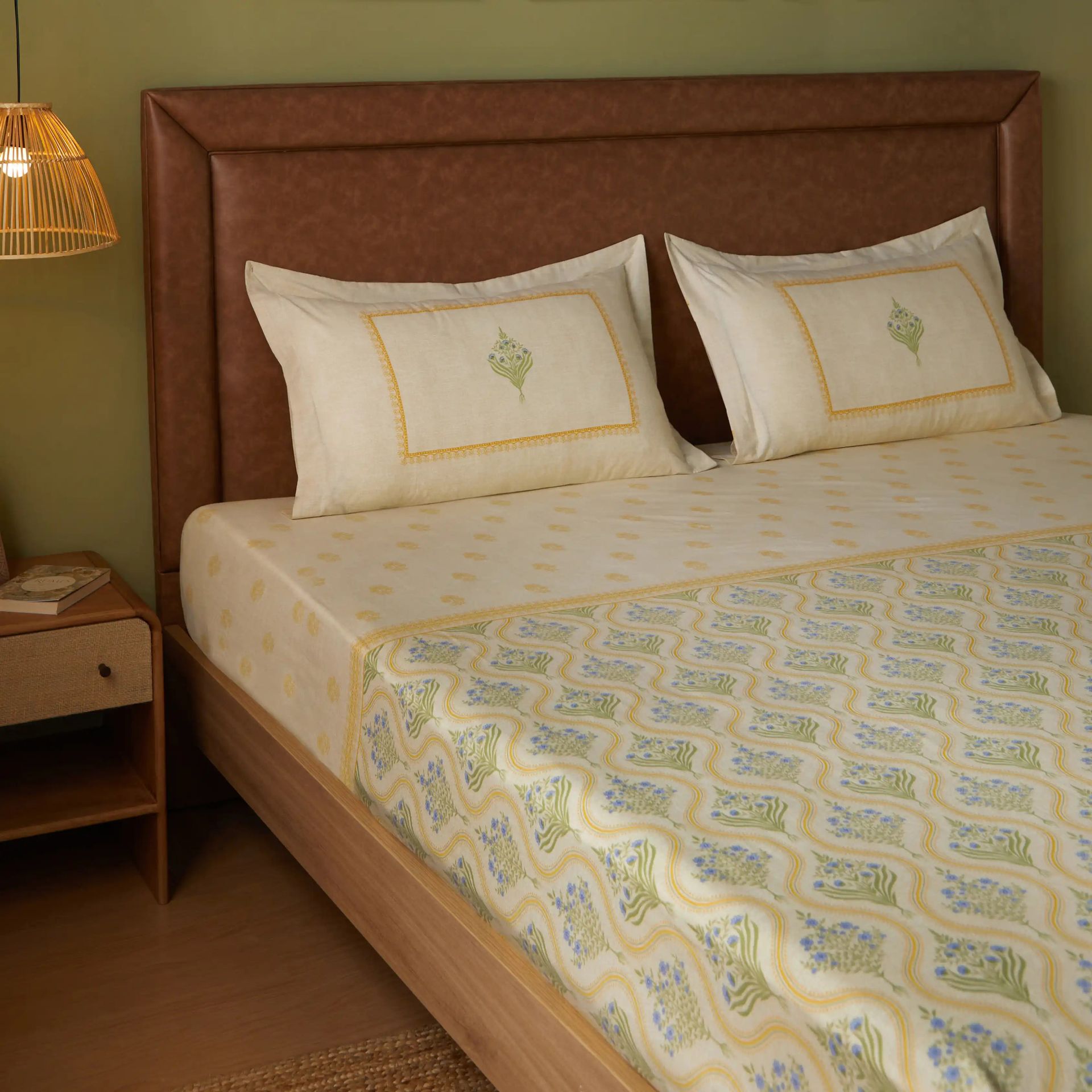 Indian Heritage 144 TC 100% Cotton Mustard Queen Fitted Sheet Set | Chippa Lane