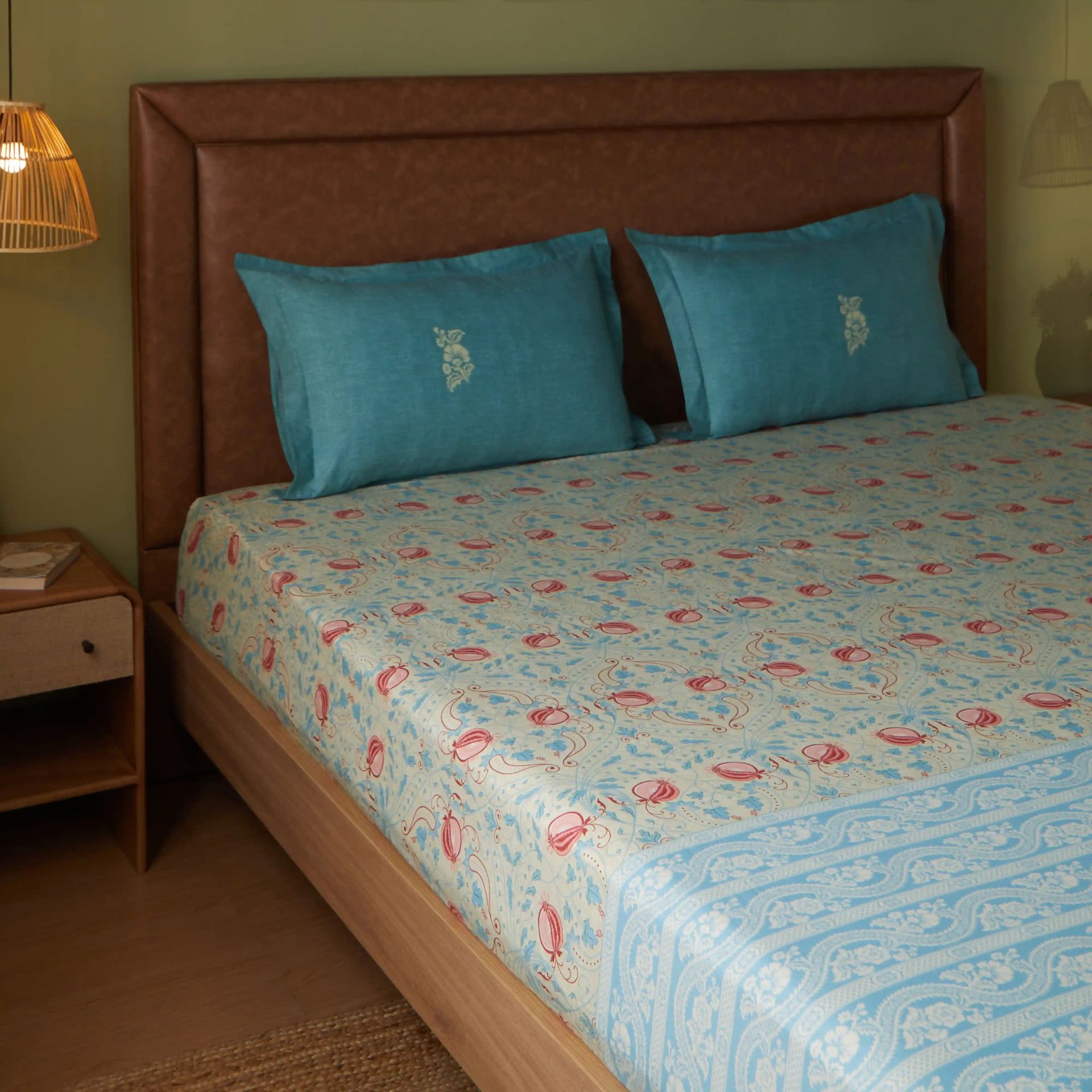 Indian Heritage 144 TC 100% Cotton Light Blue Queen Fitted Sheet Set | Chippa Lane