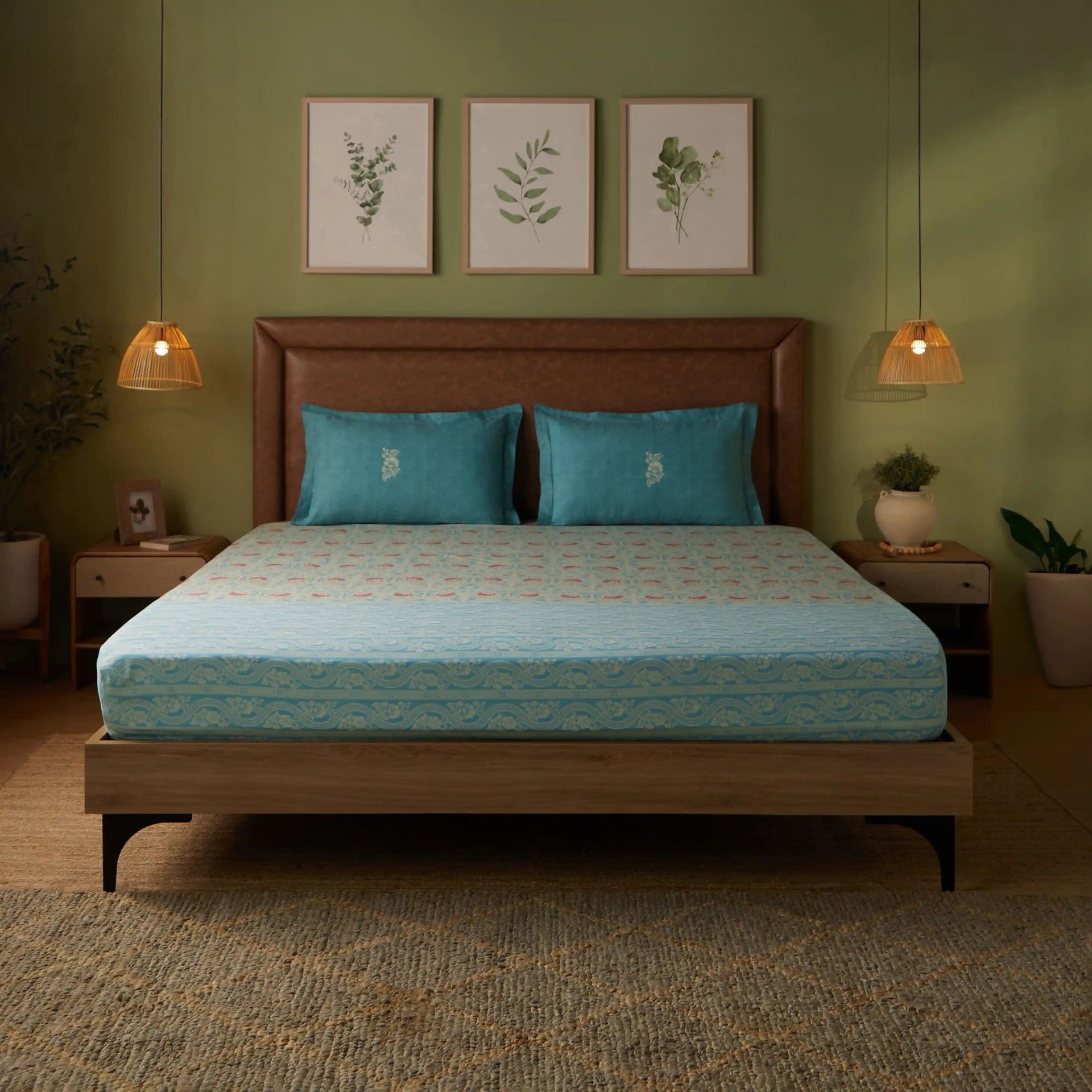 Indian Heritage 144 TC 100% Cotton Light Blue Queen Fitted Sheet Set | Chippa Lane