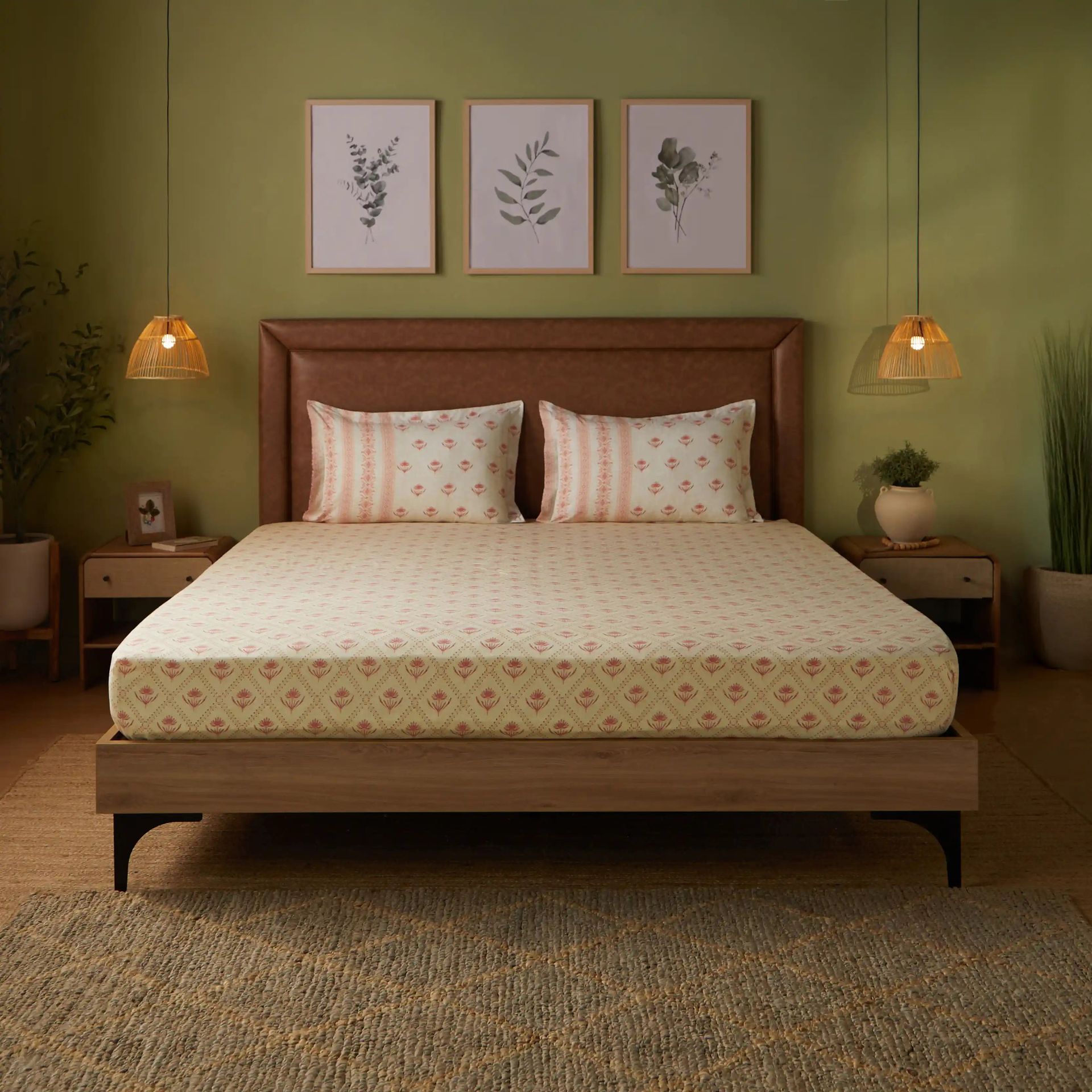 Indian Heritage 144 TC 100% Cotton Red Queen Fitted Sheet Set | Chippa Lane