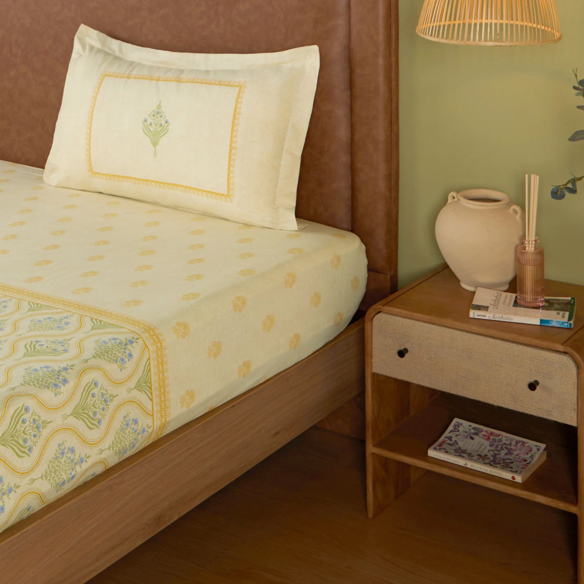Indian Heritage 144 TC 100% Cotton Mustard Single Bedsheet Set | Chippa Lane