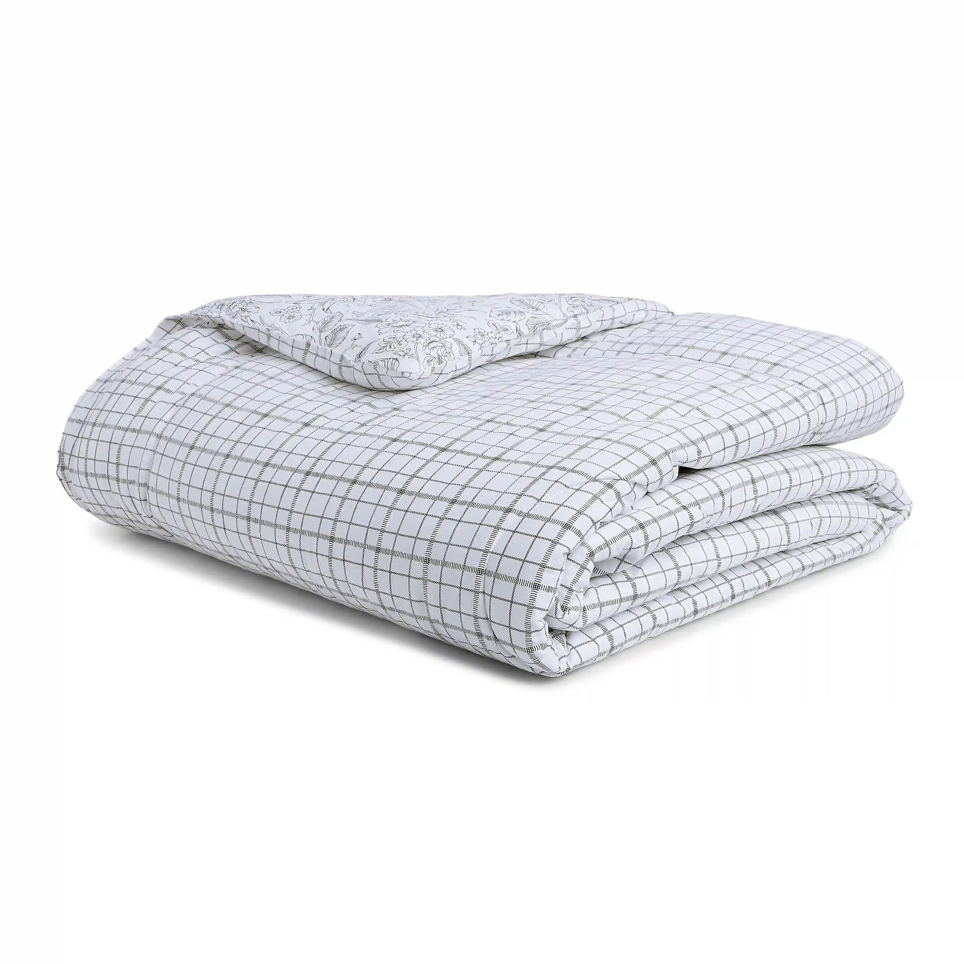 Floral Geometric 144 TC Cotton Charcoal Checks Double Bedding Set | Mishella
