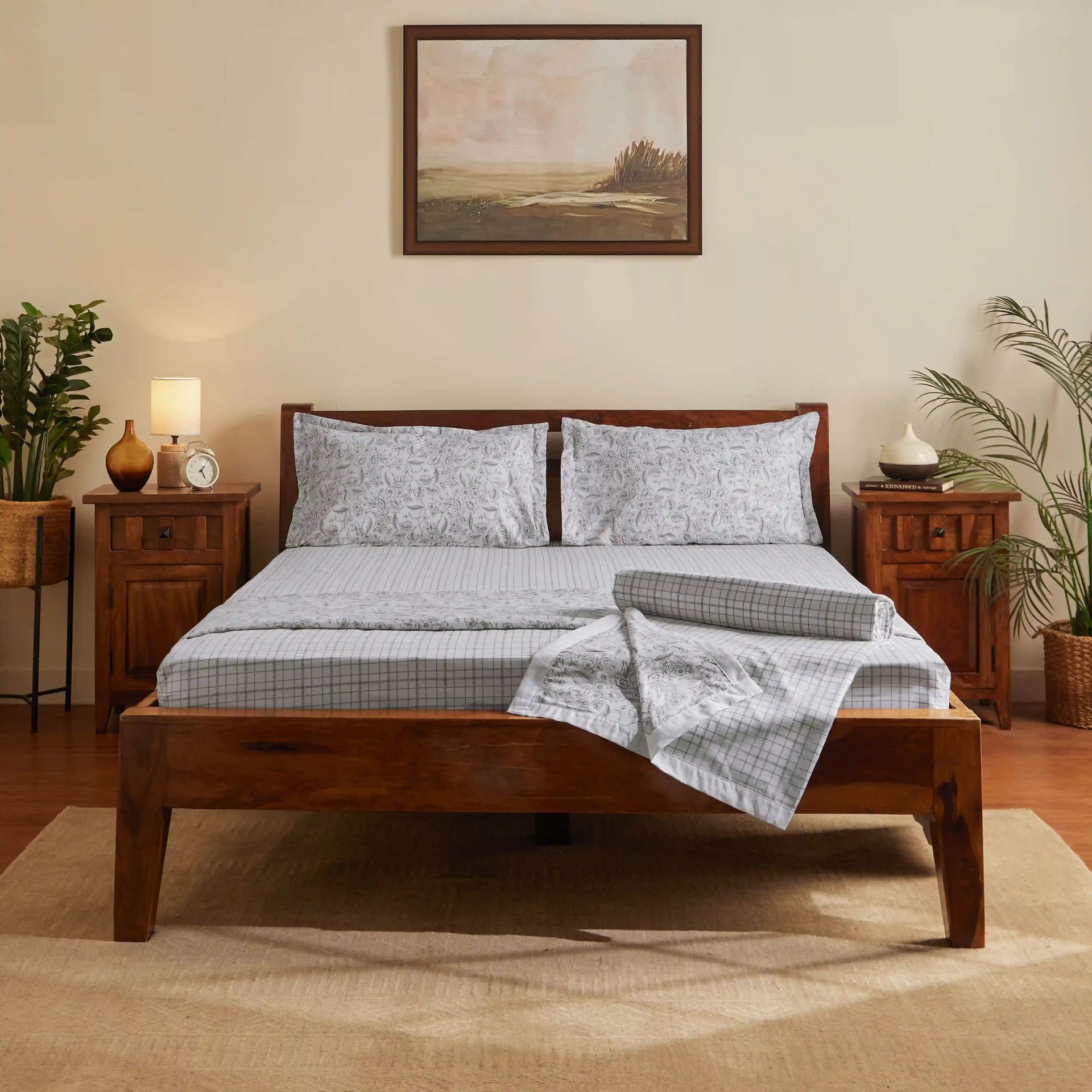 Floral Geometric 144 TC Cotton Charcoal Checks Double Bedding Set | Mishella