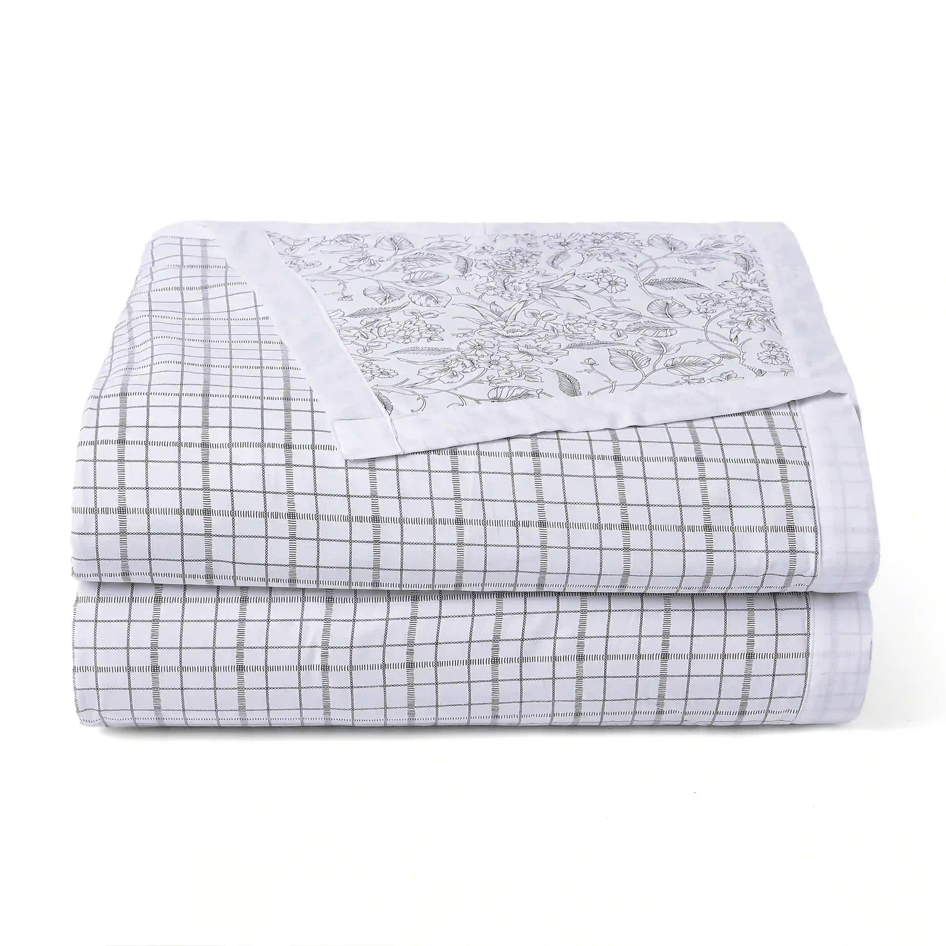 Floral Geometric 144 TC Cotton Charcoal Checks Double Bedding Set | Mishella