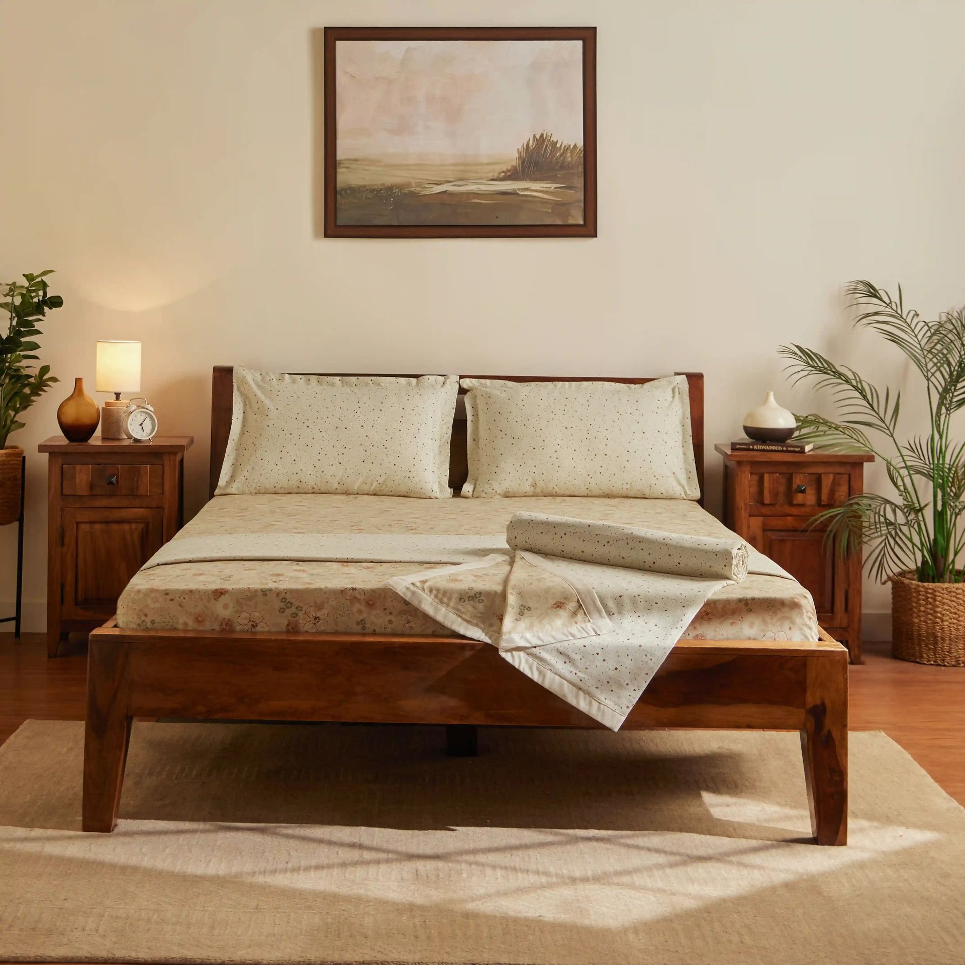 Floral Geometric 144 TC Cotton Beige Double Bedding Set | Mishella