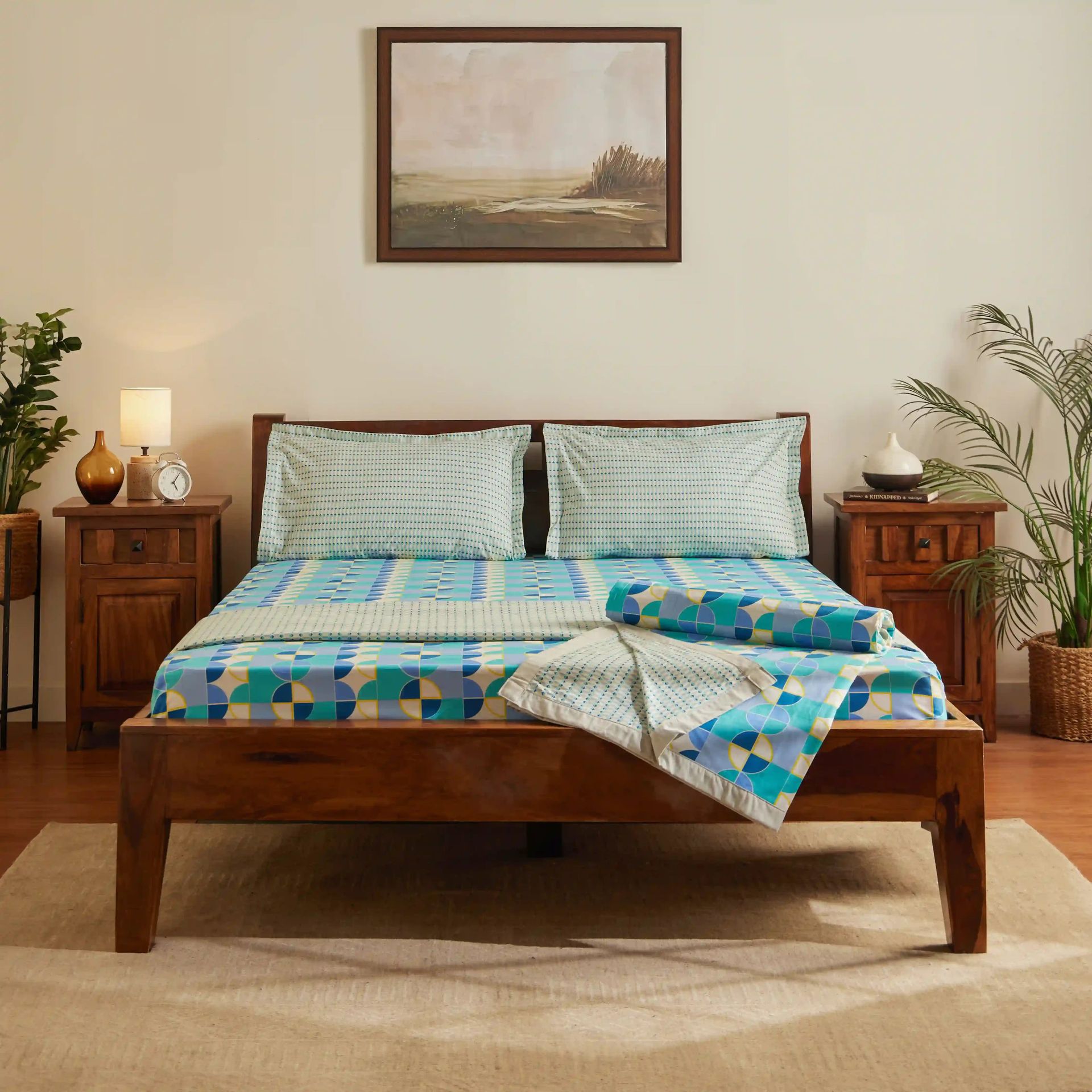 Geometric 144 TC Cotton Orbit Teal Double Bedding Set | Mishella