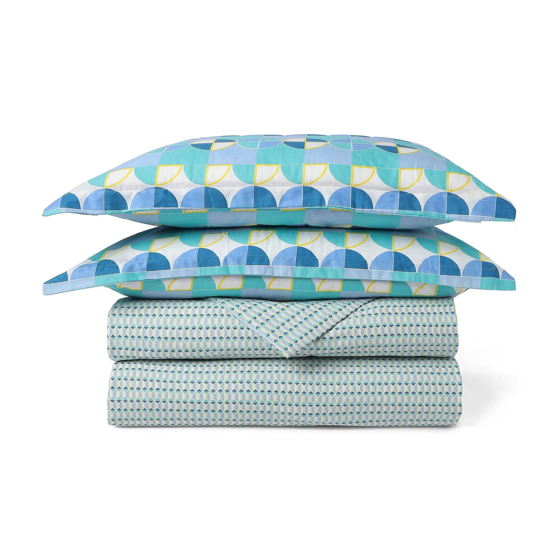 Geometric 144 TC Cotton Kaleido Teal Double Bedding Set | Mishella