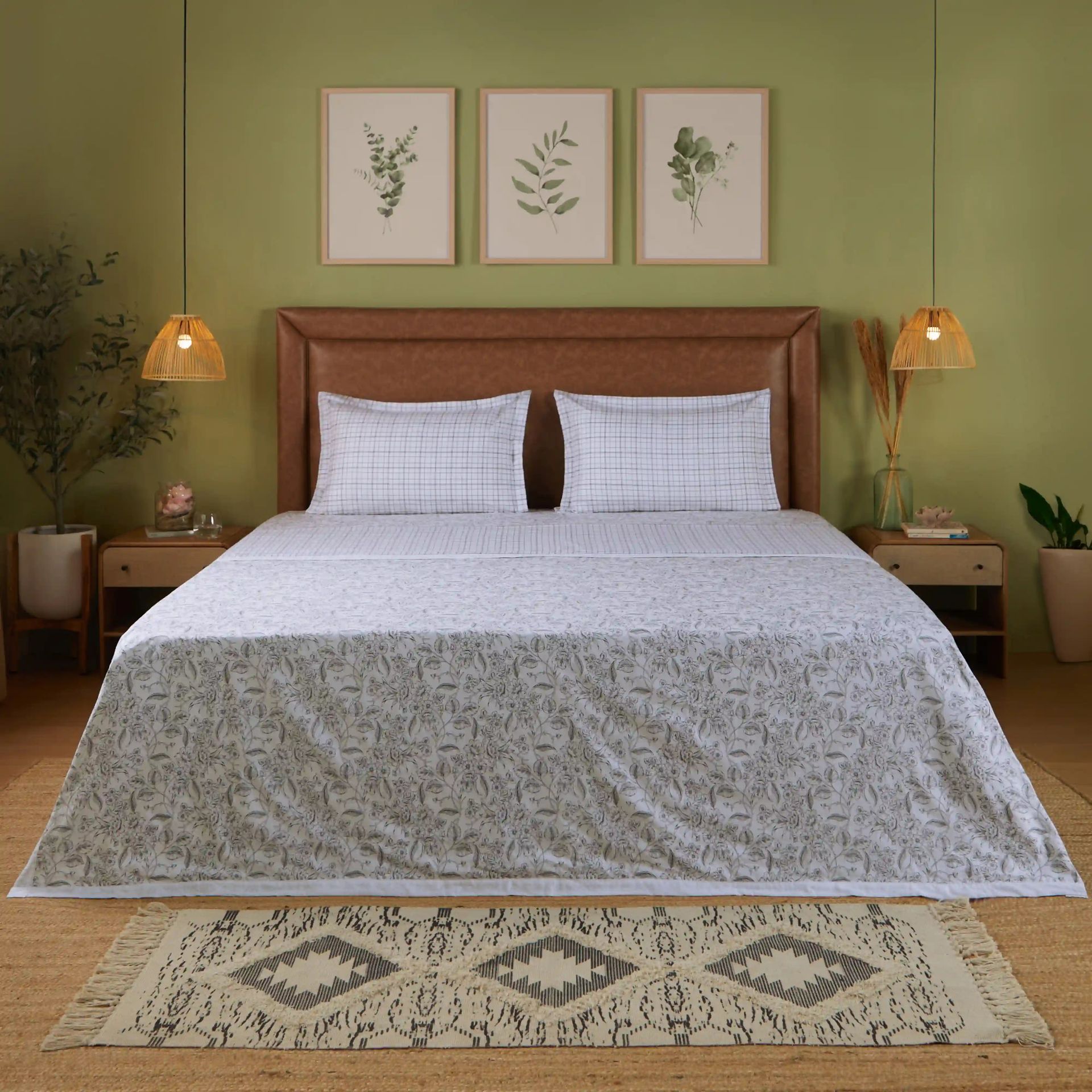 Floral Geometric 144 TC 100% Cotton Charcoal Bloom Double Bedding Set | Mishella