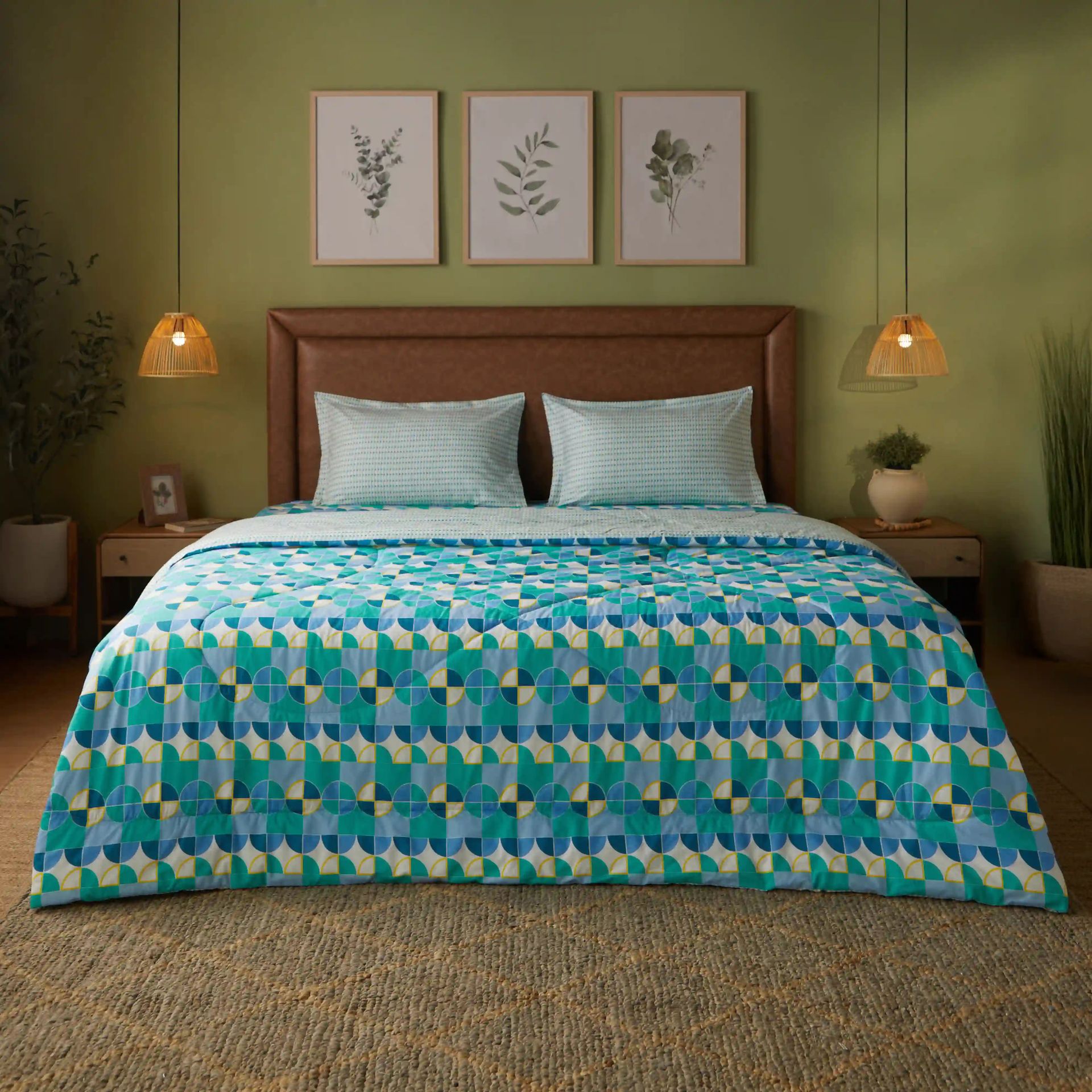 Geometric 144 TC 100% Cotton Orbit Teal Double Bedding Set | Mishella