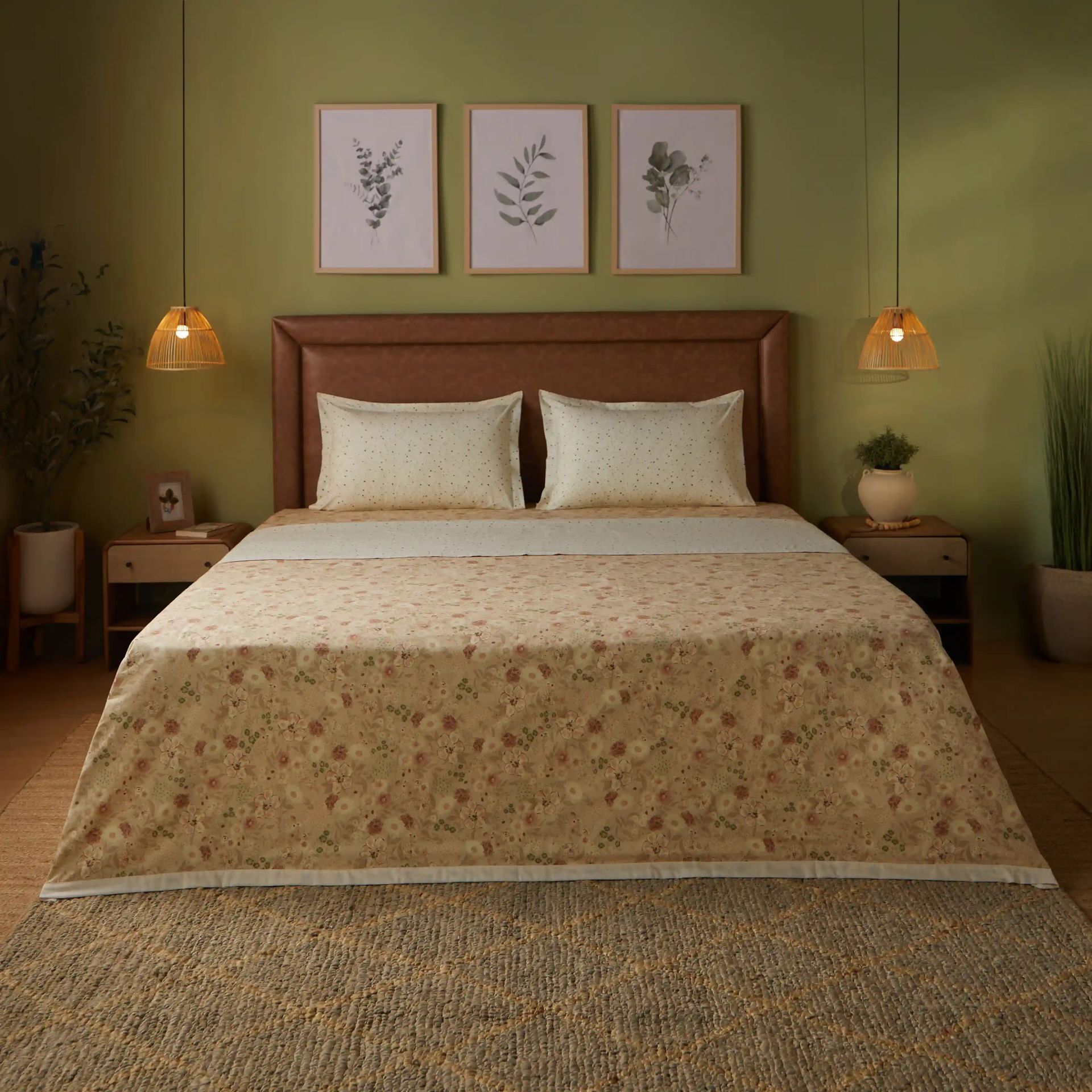 Floral Geometric 144 TC 100% Cotton Beige Double Dohar | Mishella