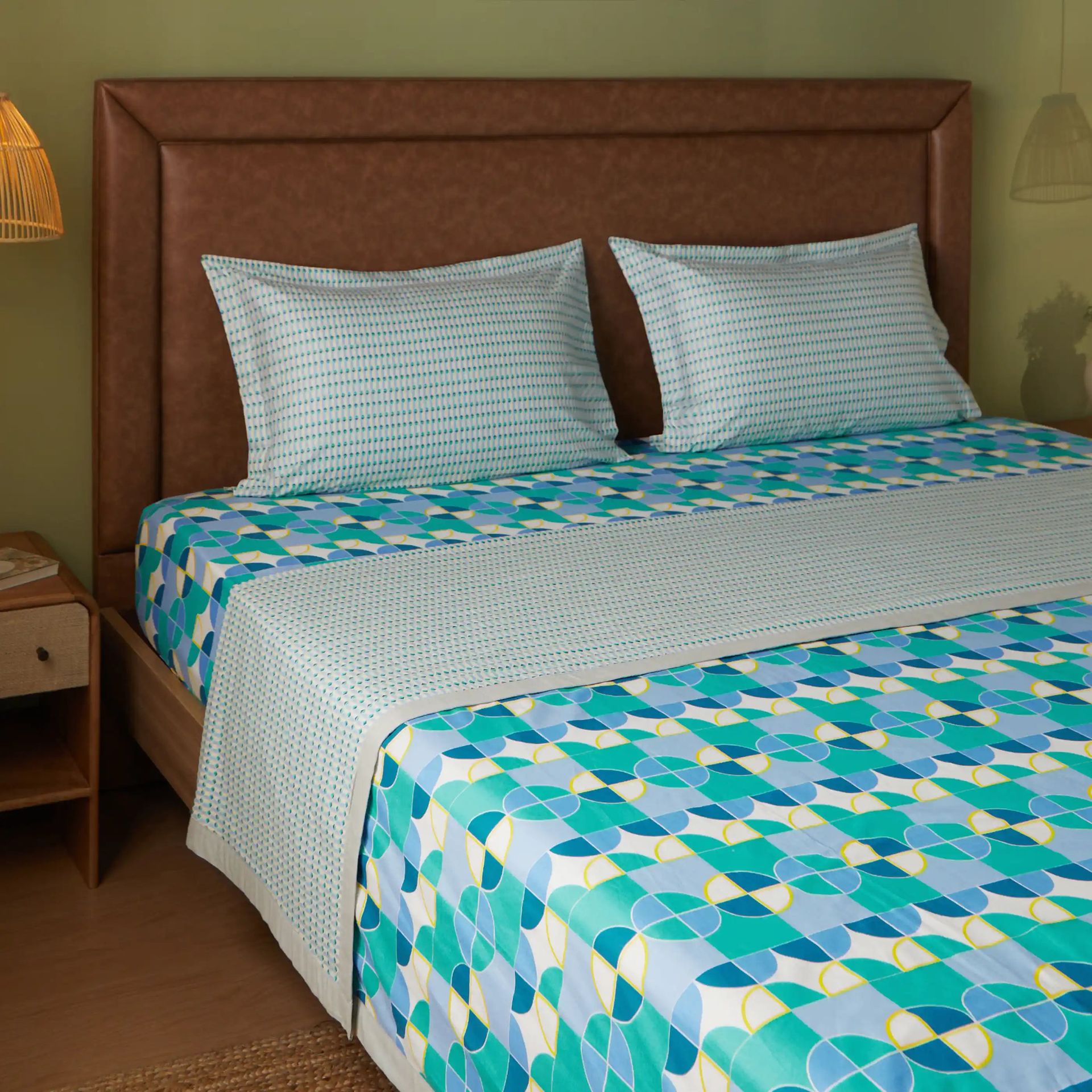 Geometric 144 TC 100% Cotton Orbit Teal Double Dohar | Mishella