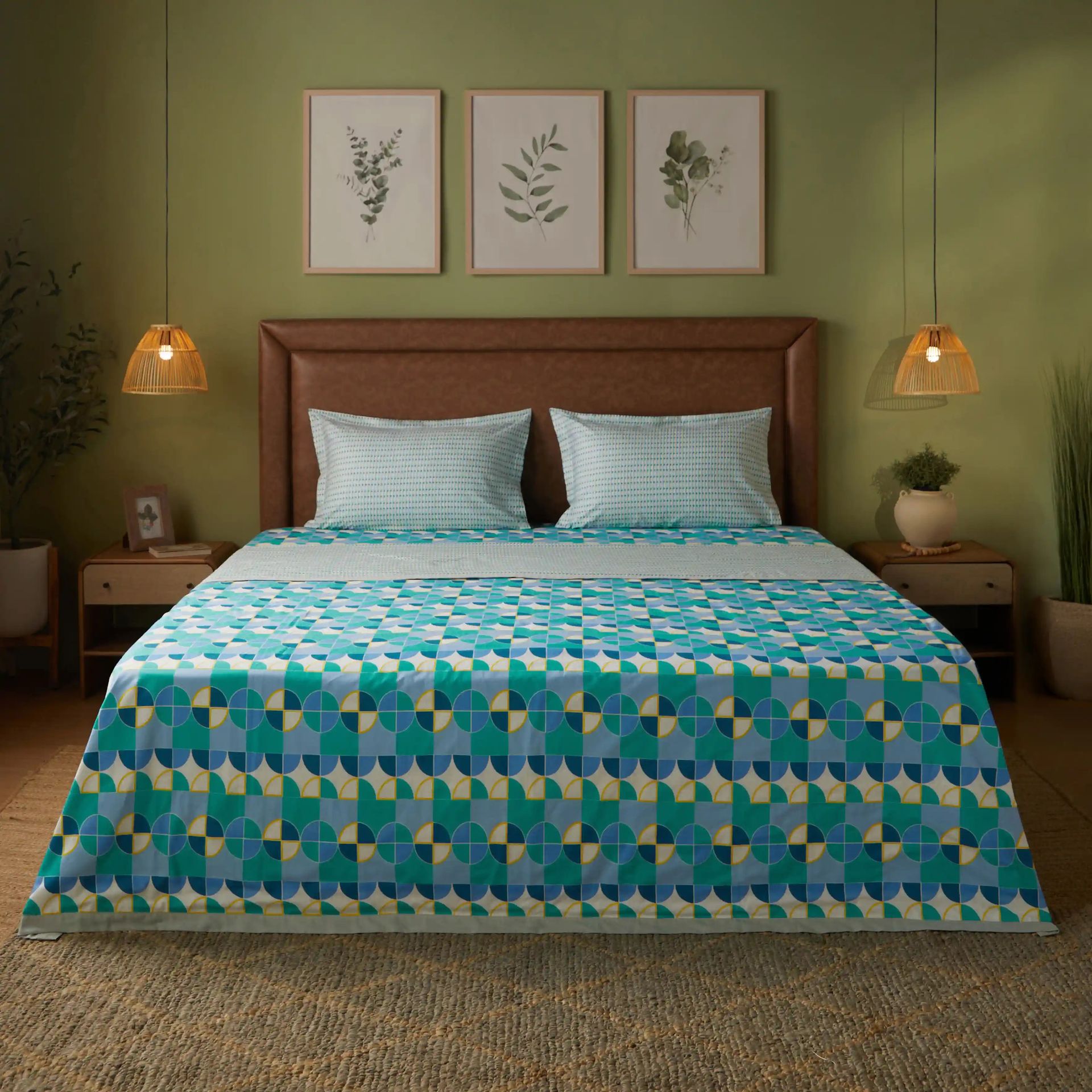 Geometric 144 TC 100% Cotton Orbit Teal Double Dohar | Mishella