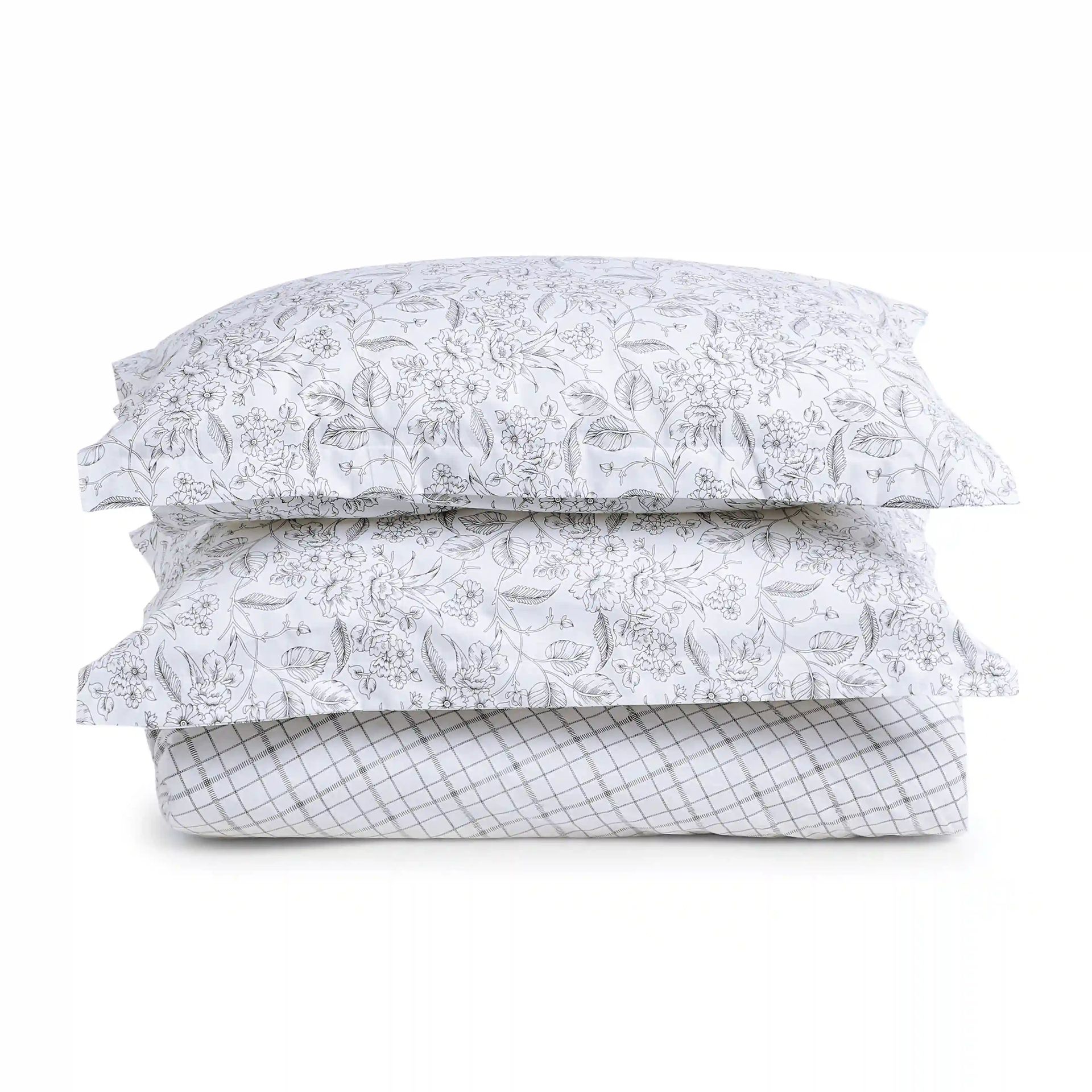 Floral Geometric 144 TC 100% Cotton Charcoal Checks Queen Fitted Sheet Set | Mishella