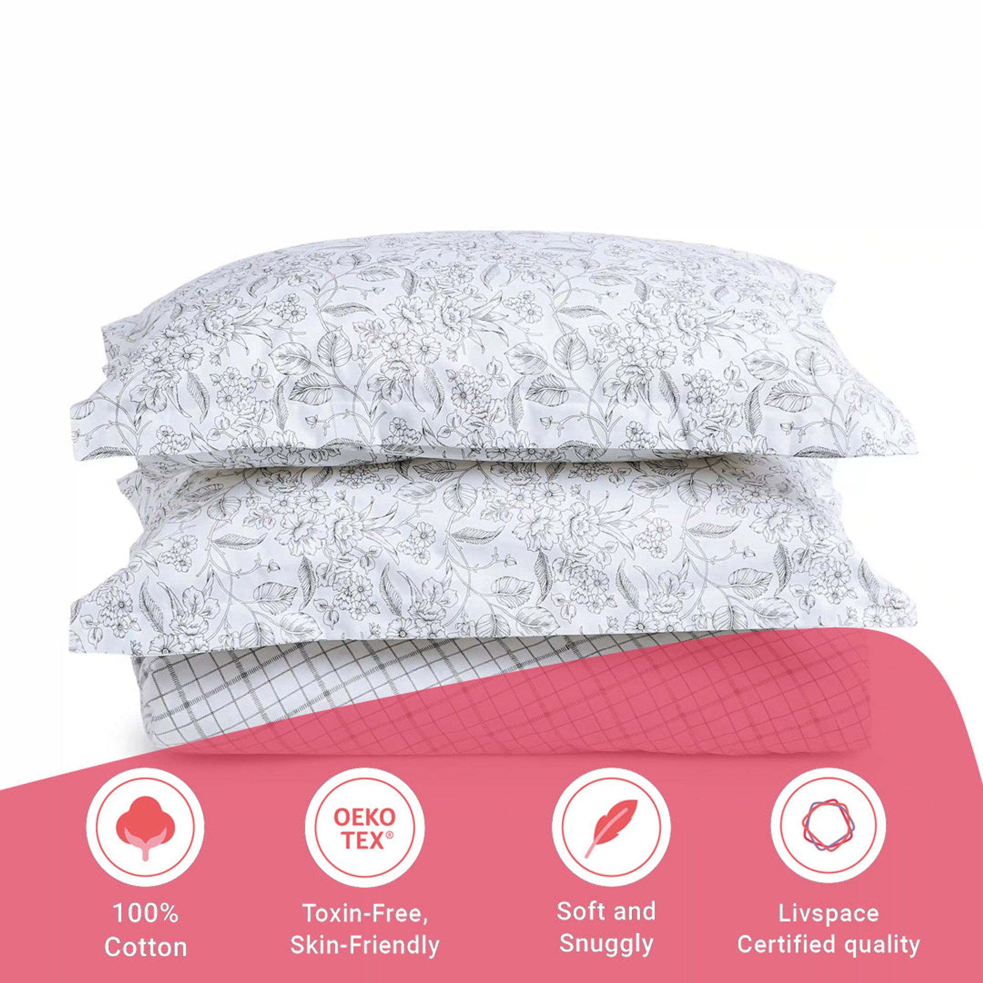 Floral Geometric 144 TC 100% Cotton Charcoal Checks Queen Fitted Sheet Set | Mishella