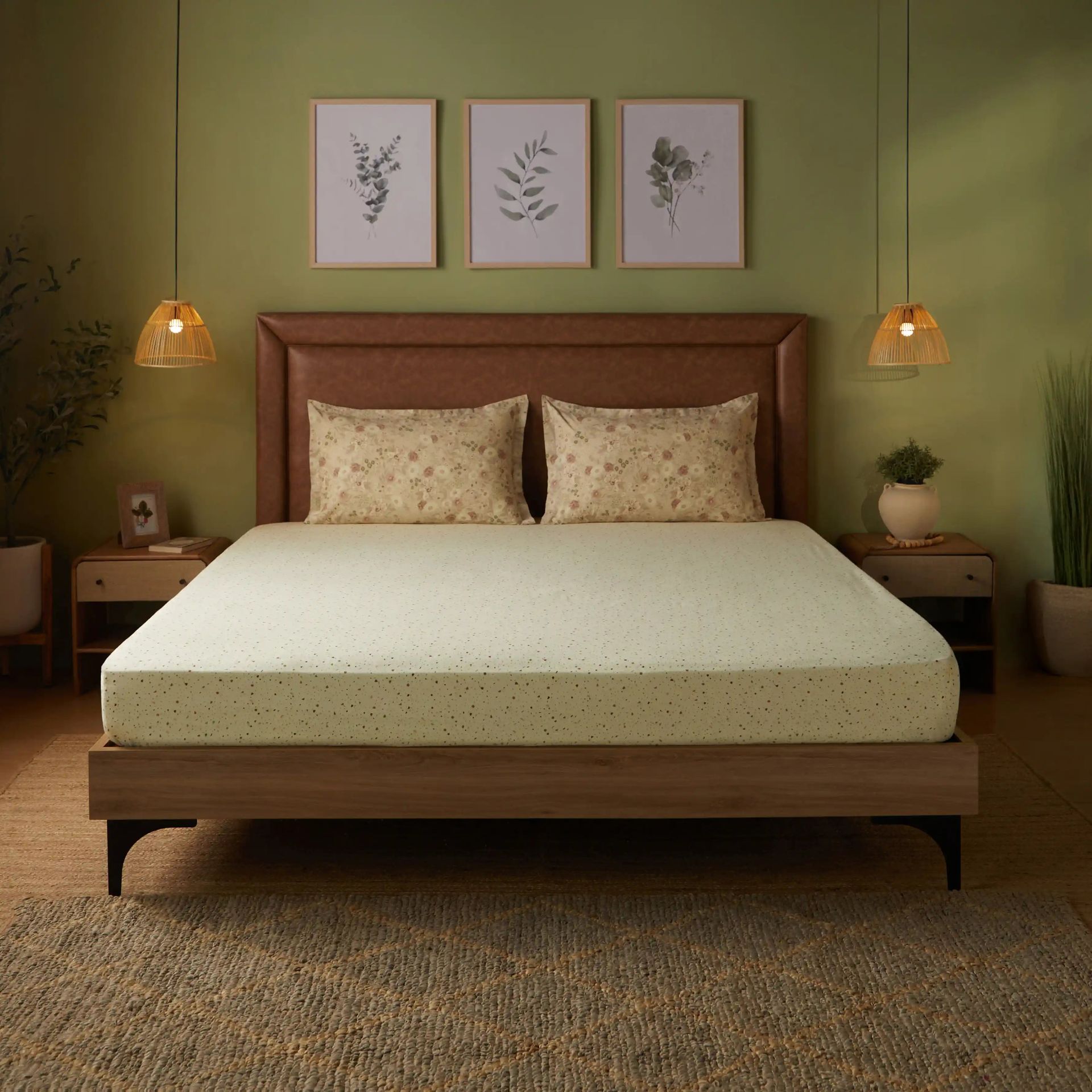 Floral Geometric 144 TC 100% Cotton Cream Bloom Queen Fitted Sheet Set | Mishella