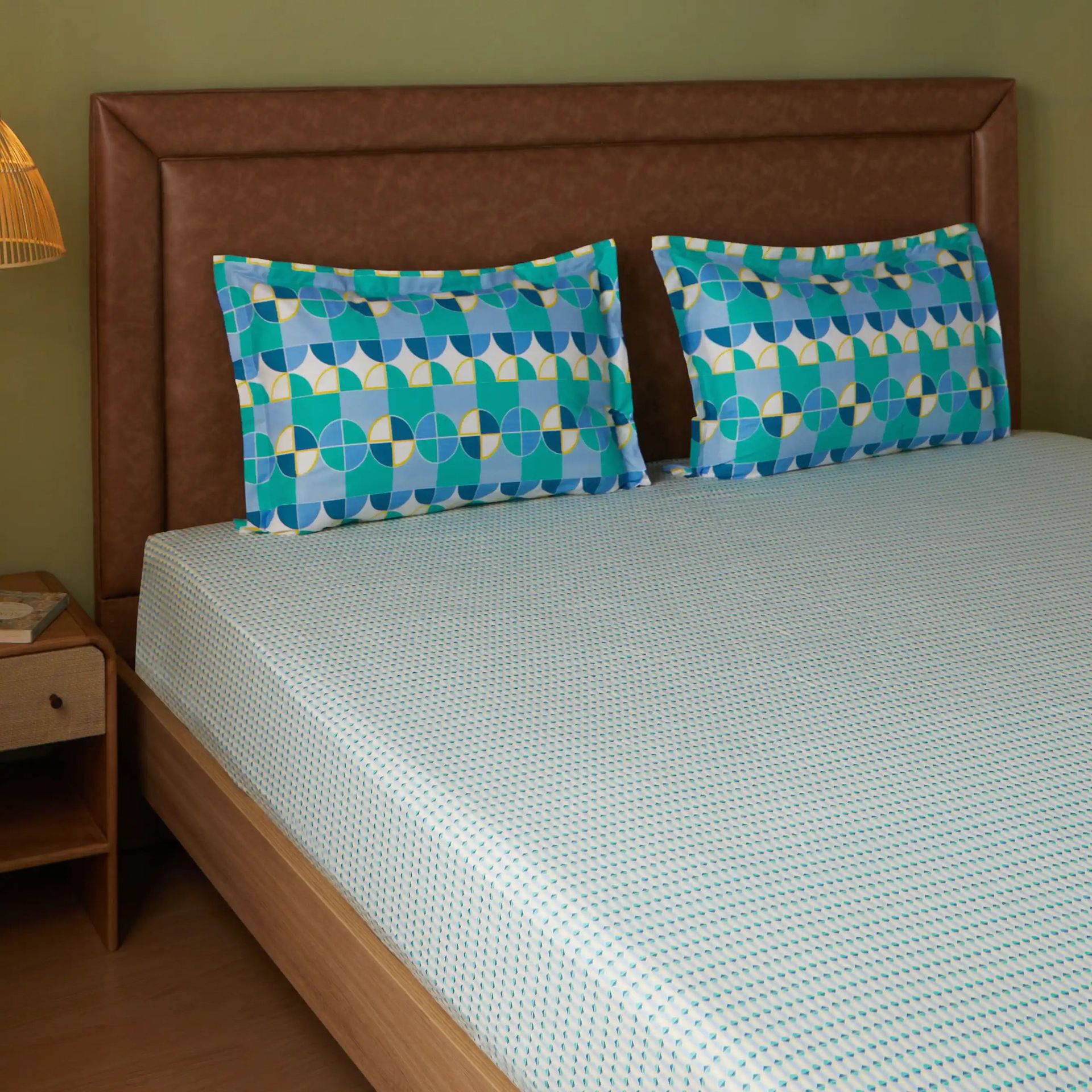 Geometric 144 TC 100% Cotton Kaleido Teal Queen Fitted Sheet Set | Mishella