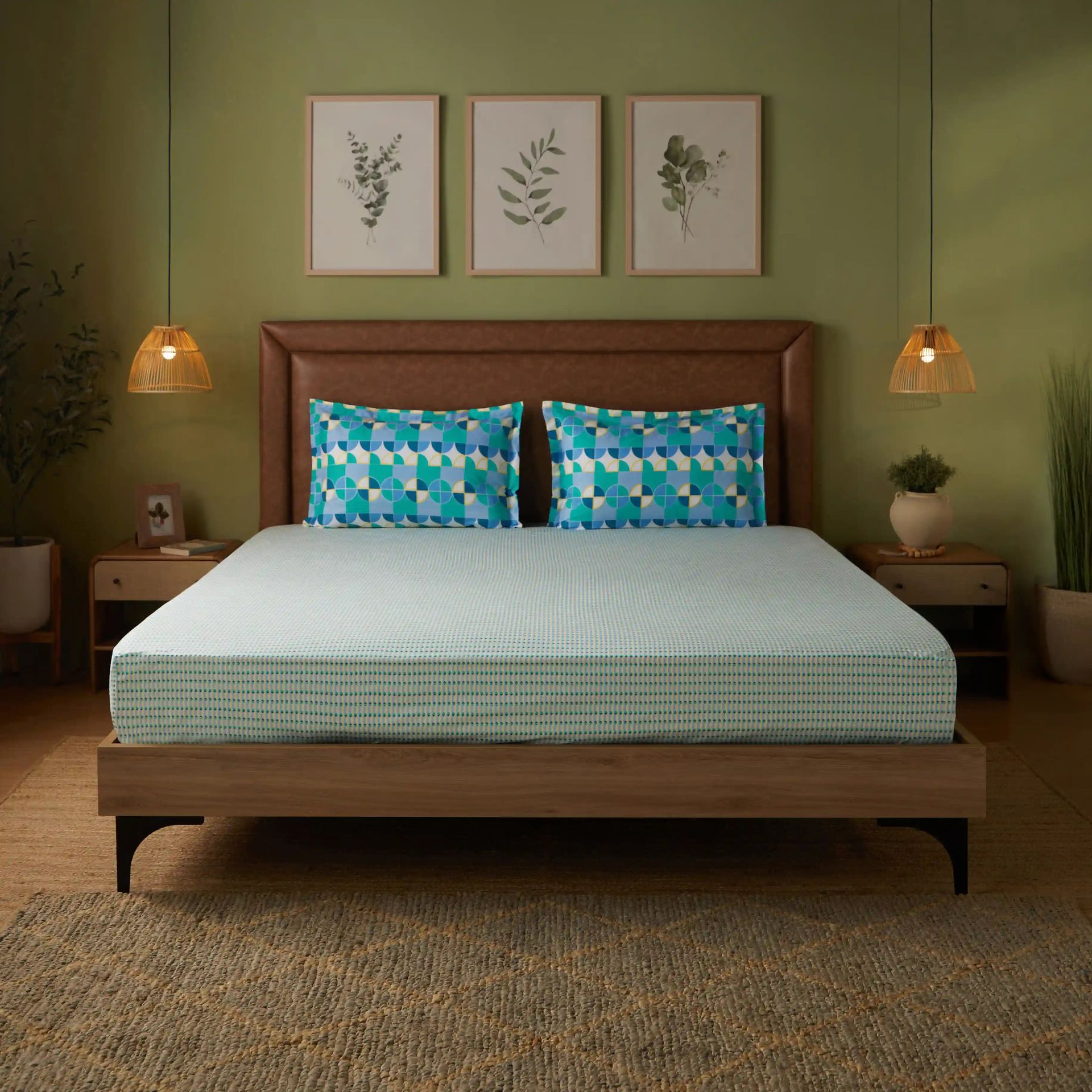 Geometric 144 TC 100% Cotton Kaleido Teal Queen Fitted Sheet Set | Mishella