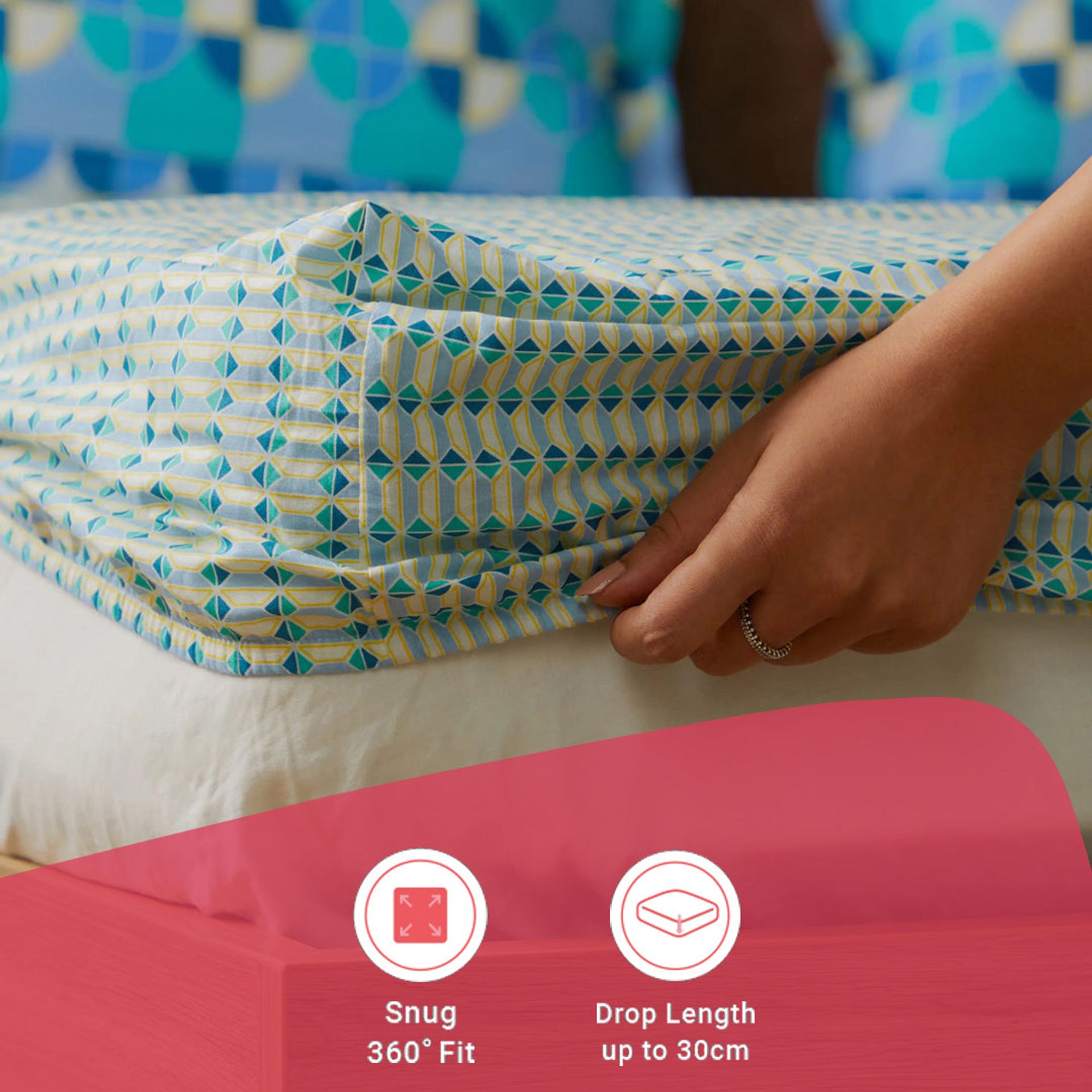 Geometric 144 TC 100% Cotton Kaleido Teal Queen Fitted Sheet Set | Mishella