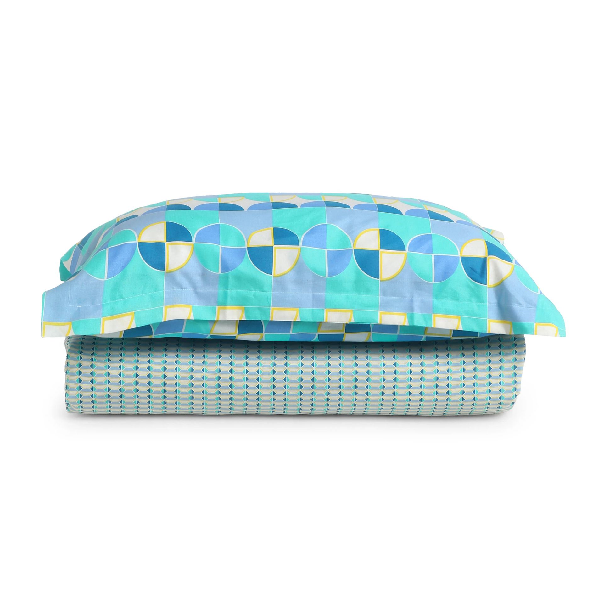 Geometric 144 TC 100% Cotton Kaleido Teal Single Bedsheet Set | Mishella