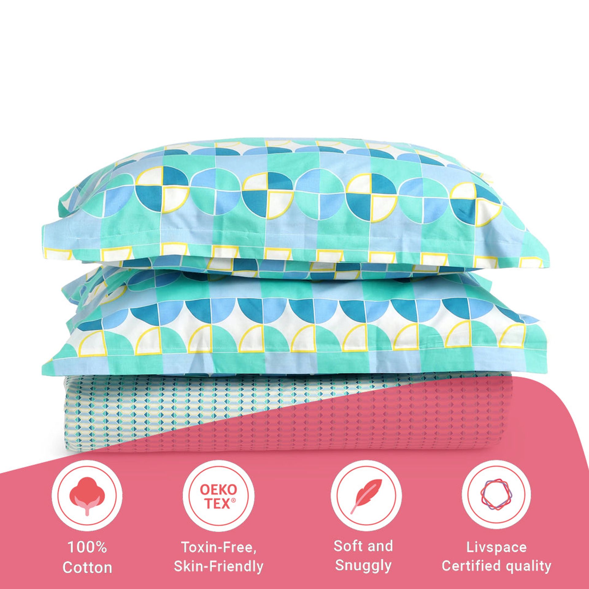 Geometric 144 TC 100% Cotton Kaleido Teal Single Bedsheet Set | Mishella