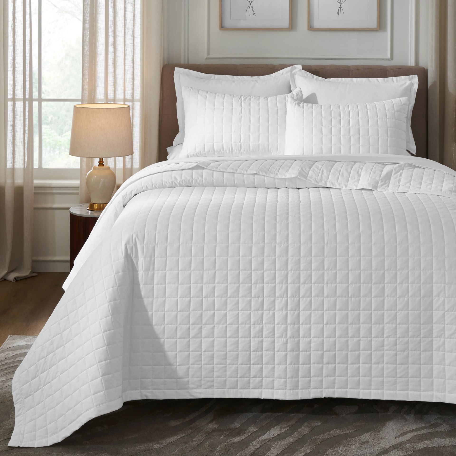 Box Quilted Solid 200 TC 100% Cotton Percale Optical White King Bed Cover Set | Nuvola