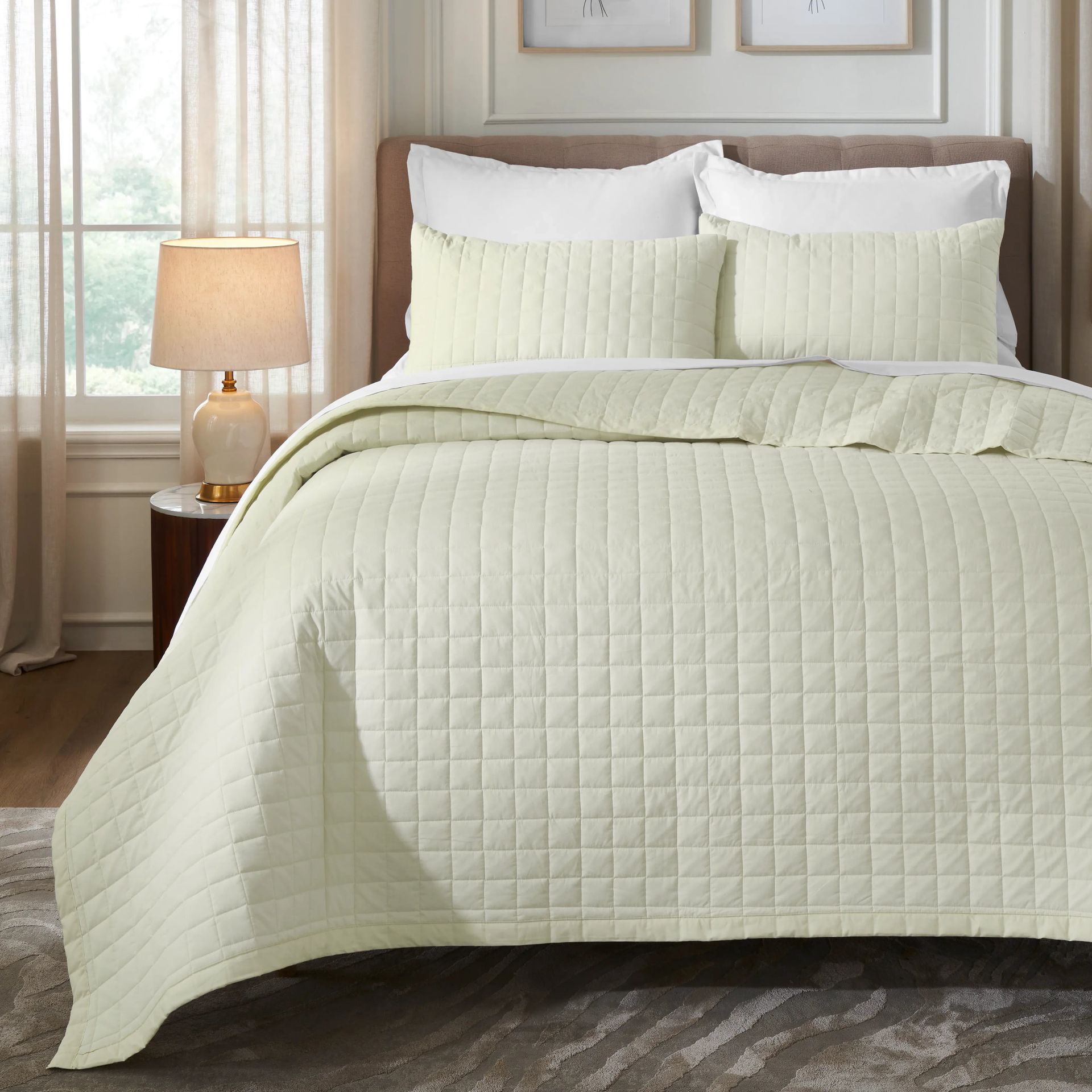 Box Quilted Solid 200 TC 100% Cotton Percale Ivory King Bed Cover Set | Nuvola