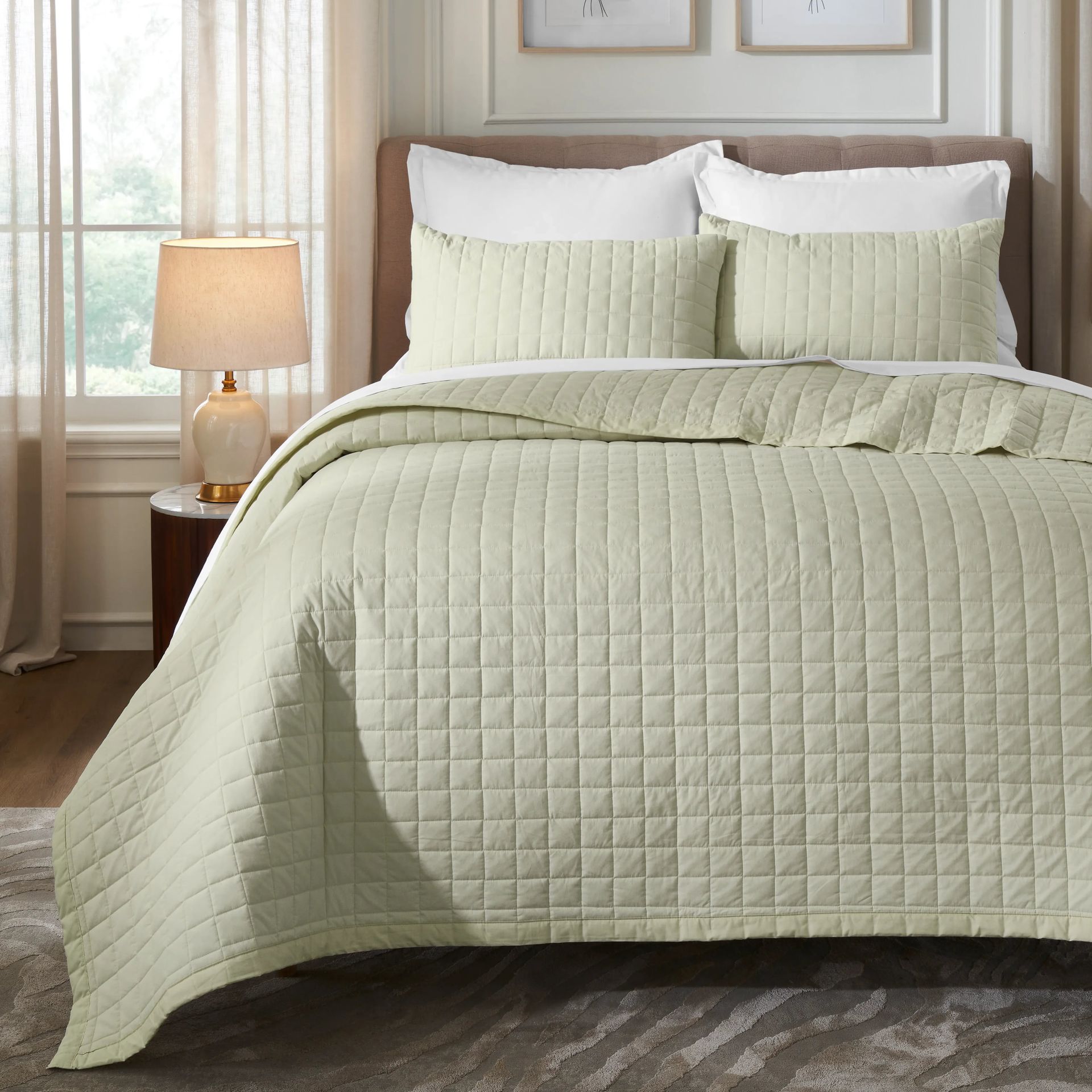 Box Quilted Solid 200 TC 100% Cotton Percale Linen King Bed Cover Set | Nuvola