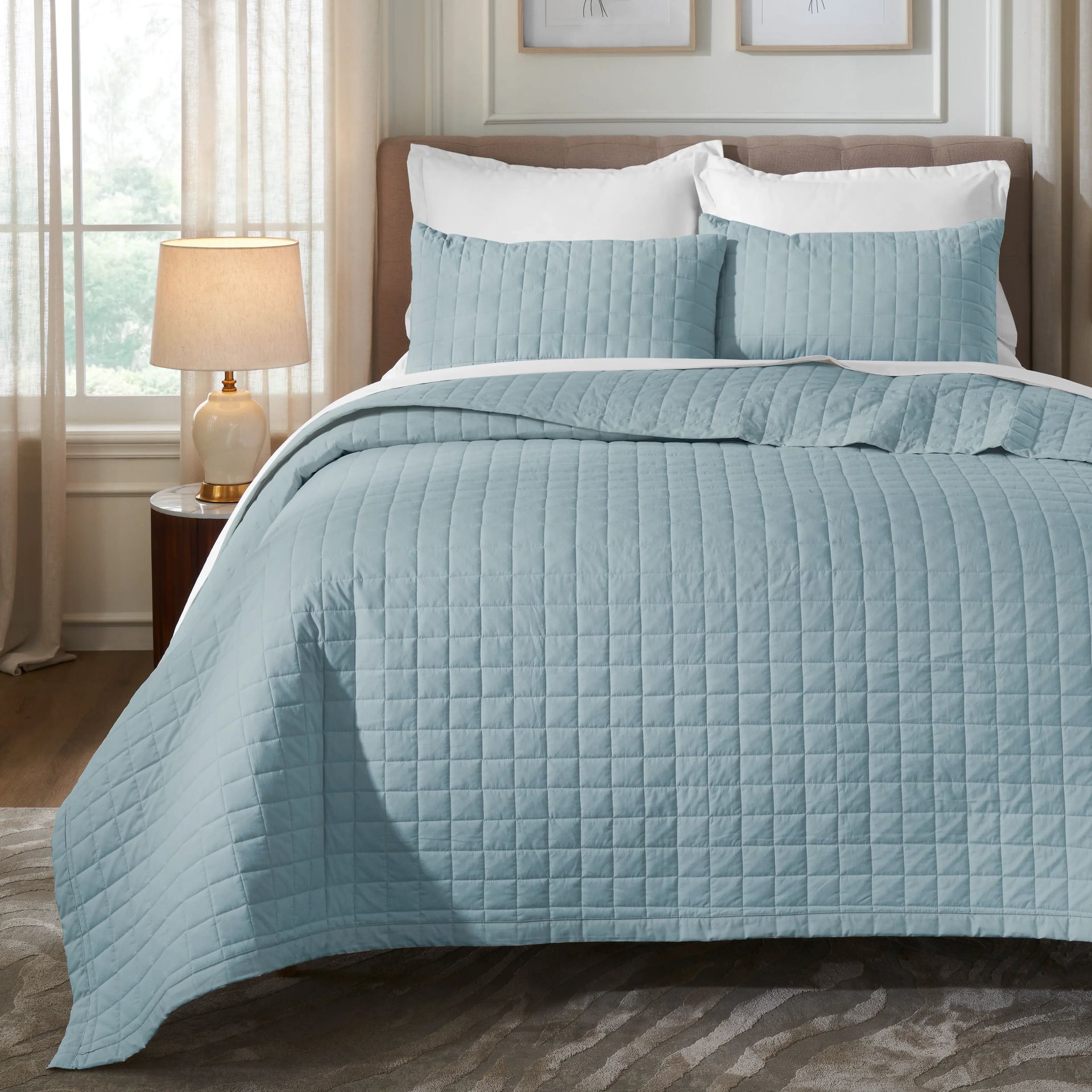 Box Quilted Solid 200 TC 100% Cotton Percale French Blue King Bed Cover Set | Nuvola