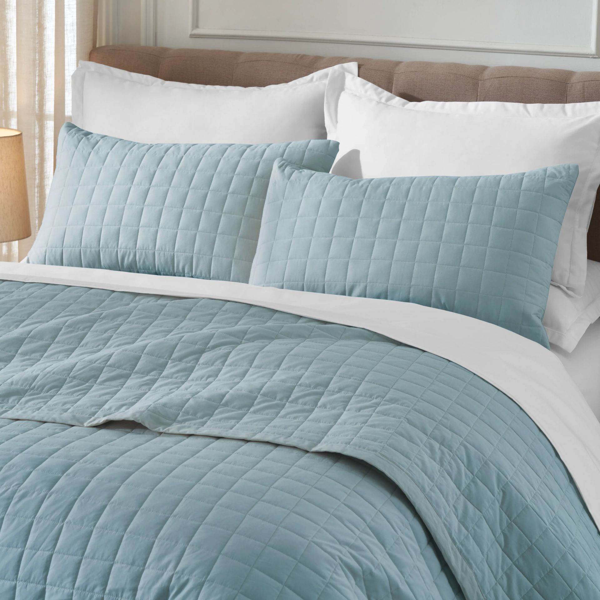 Box Quilted Solid 200 TC 100% Cotton Percale French Blue King Bed Cover Set | Nuvola
