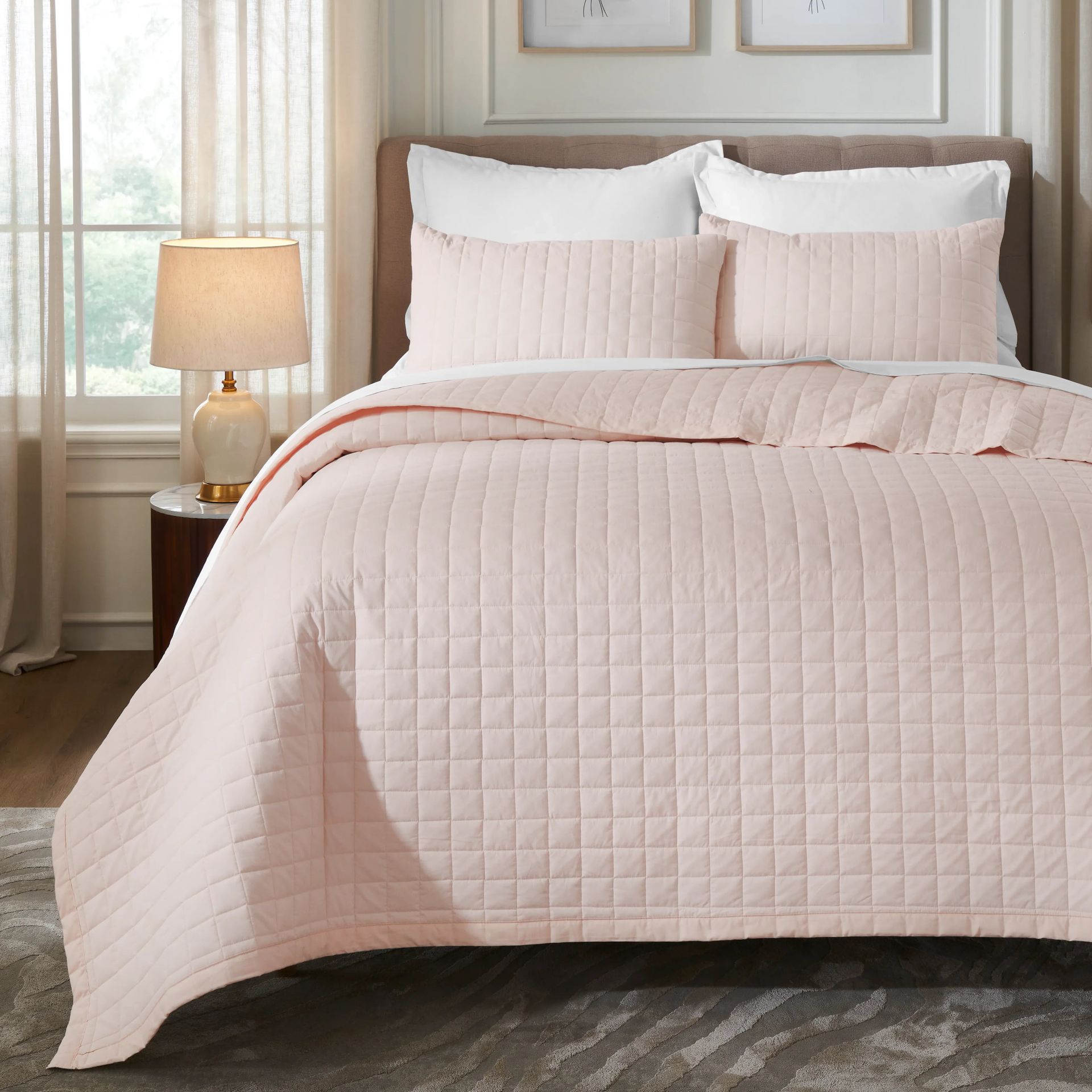 Box Quilted Solid 200 TC 100% Cotton Percale Sepia Rose King Bed Cover Set | Nuvola